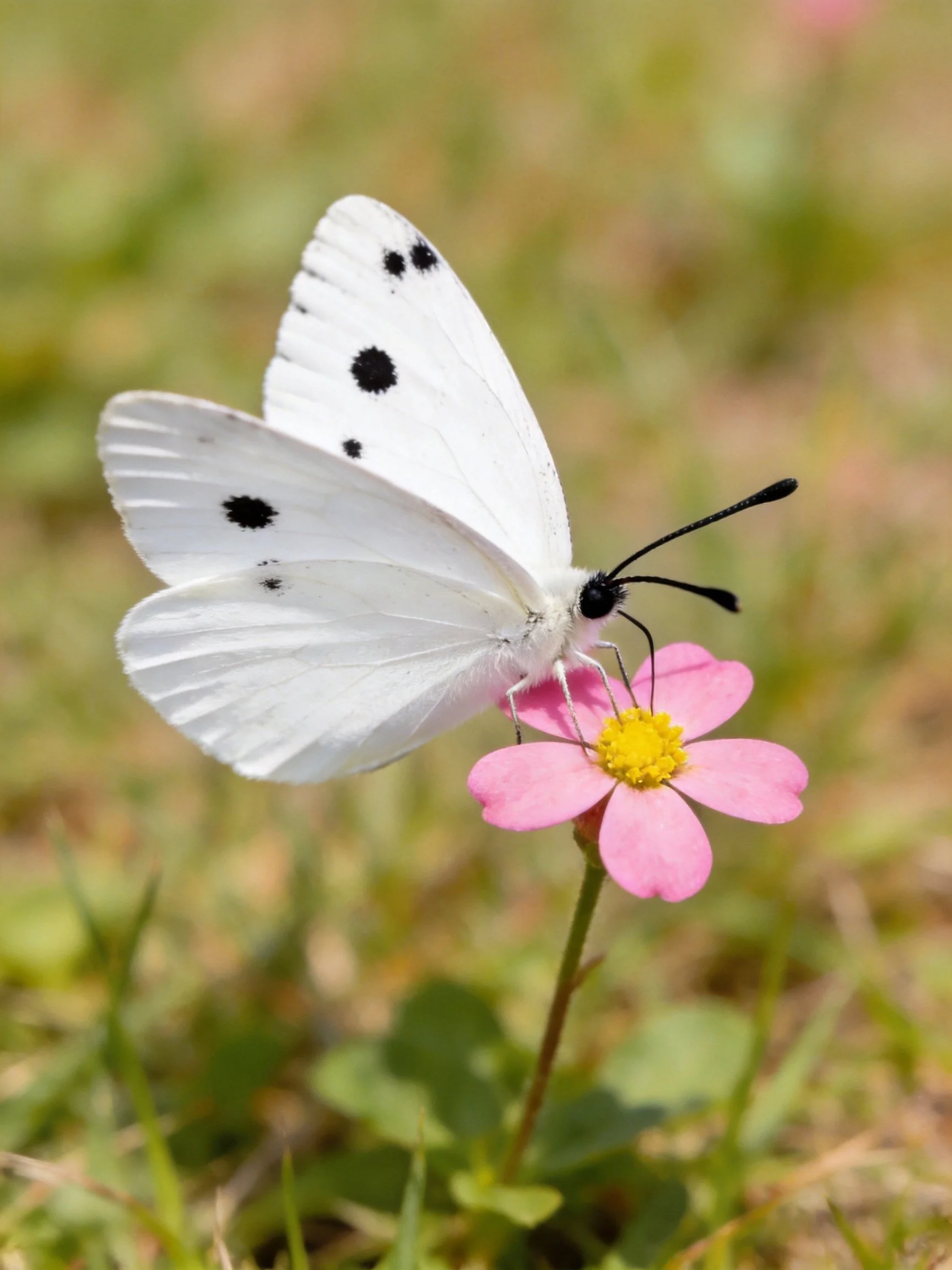 White butterfly with black spots on a pink flower