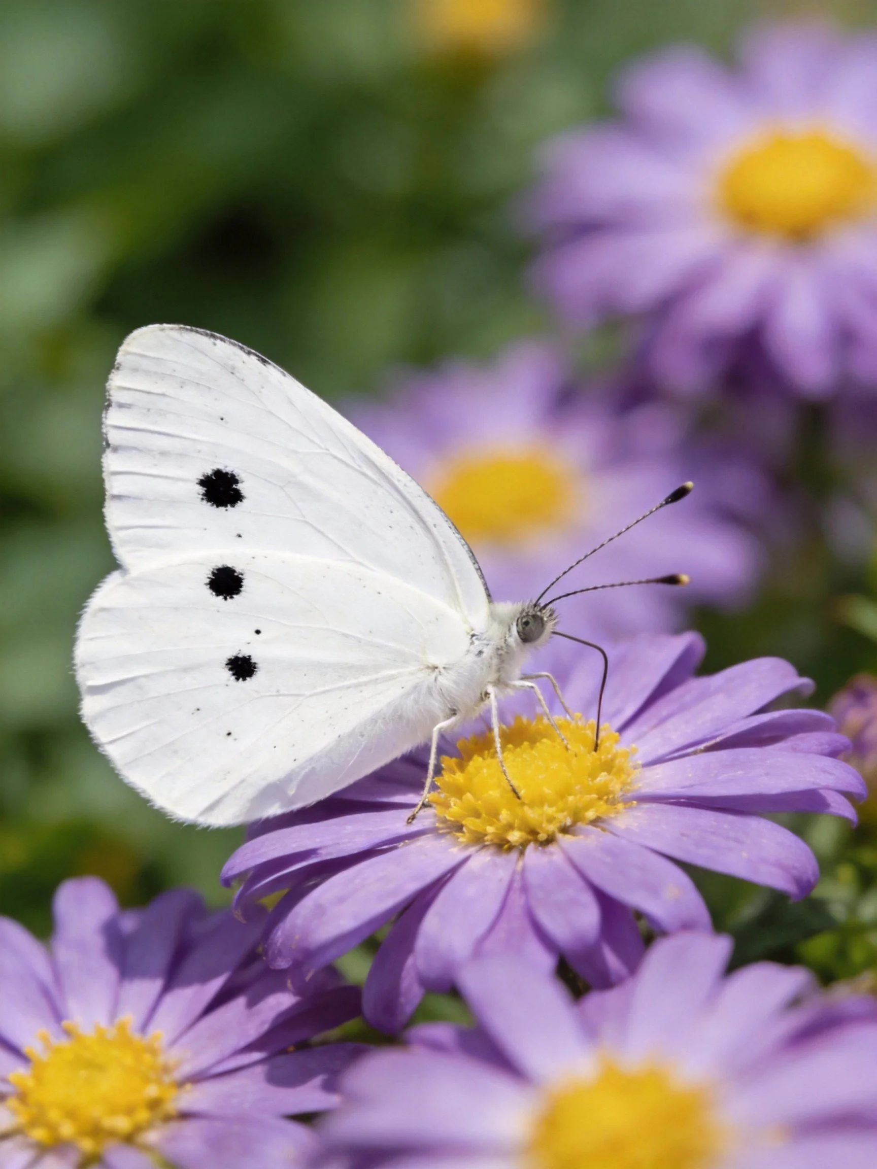 White butterfly with black spots on purple aster flowers