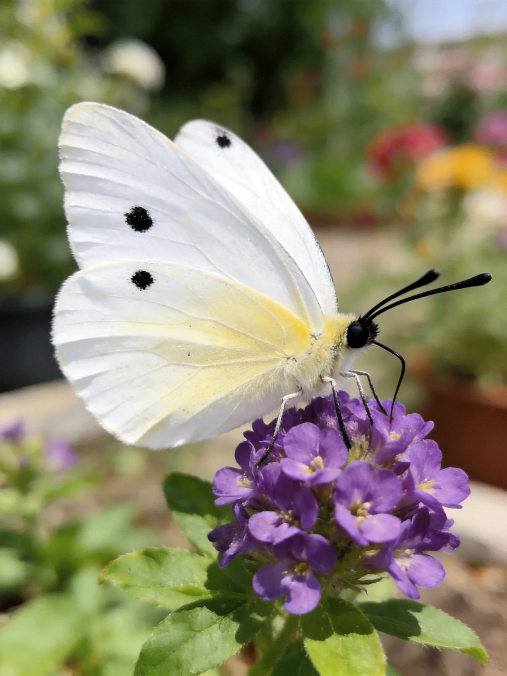 White butterfly with black spots perched on vibrant purple flowers