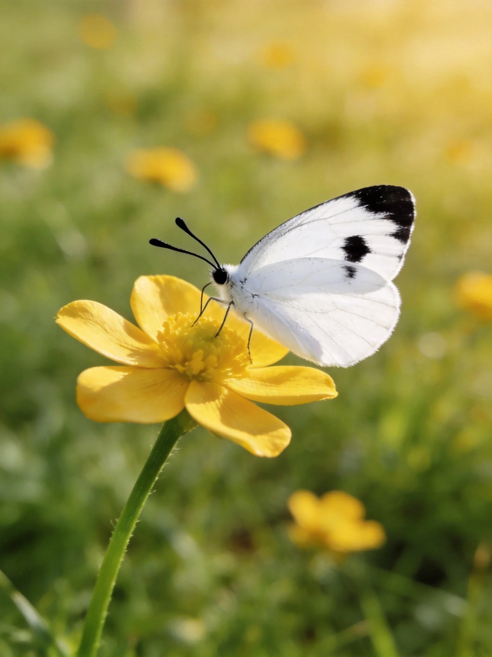 White butterfly with black wing patches sits atop bright yellow flower