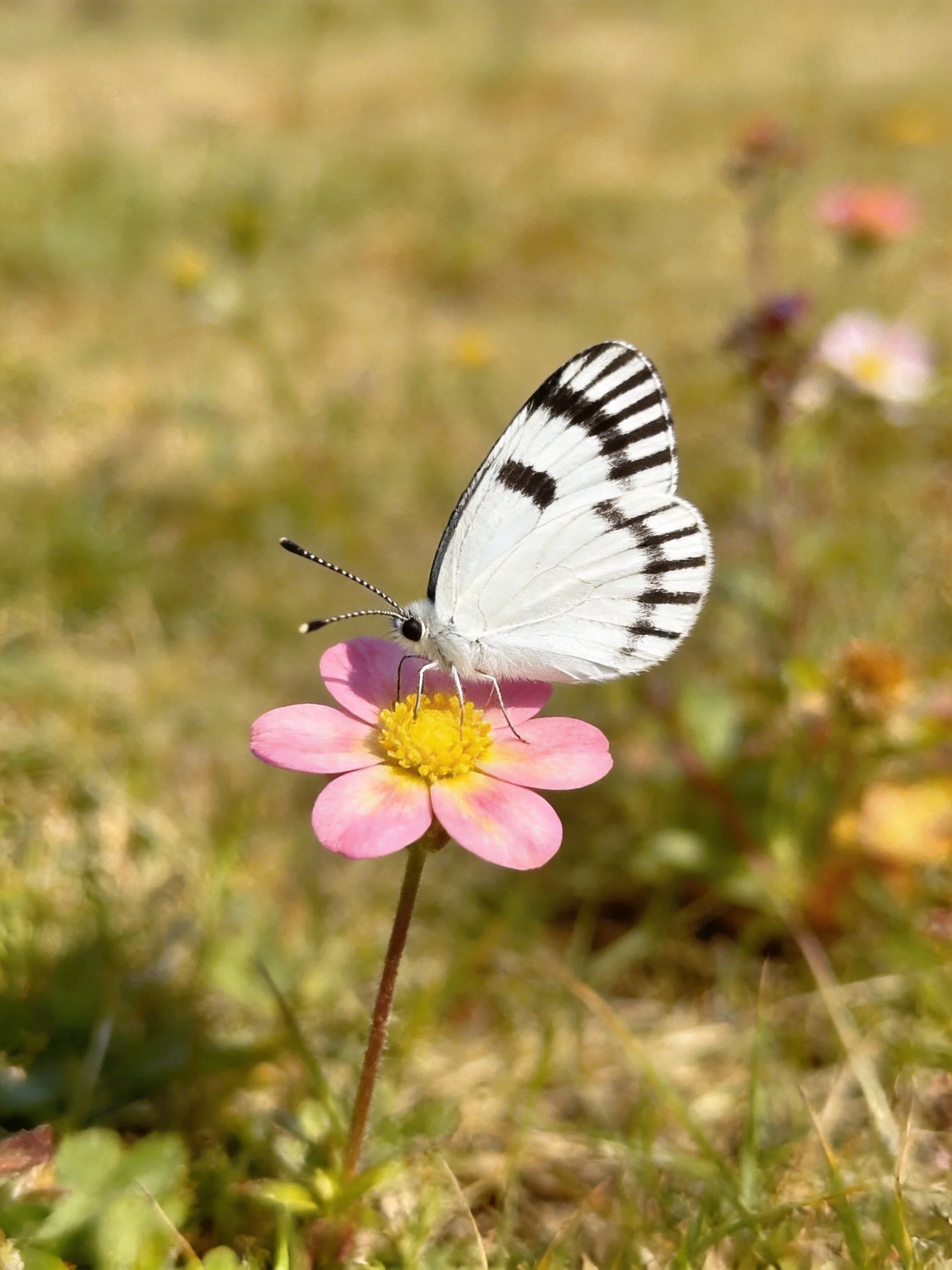 White butterfly with black wing stripes on a pink flower