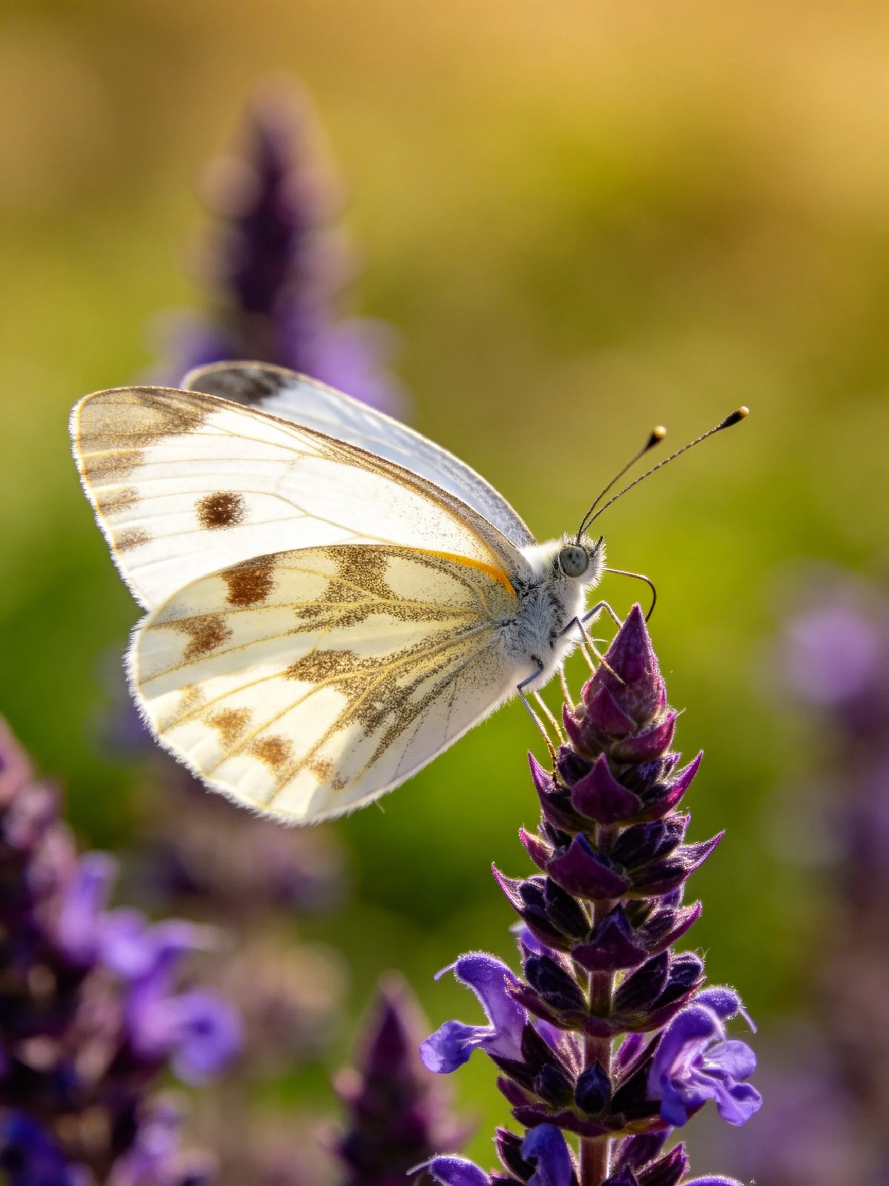 White butterfly with brown spots perched on vibrant purple flowers