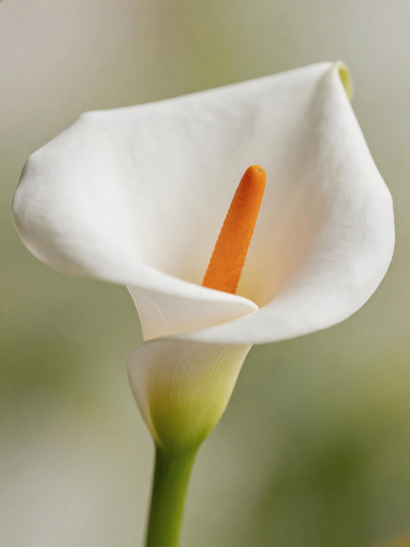 White calla lily with vibrant orange spadix in close-up