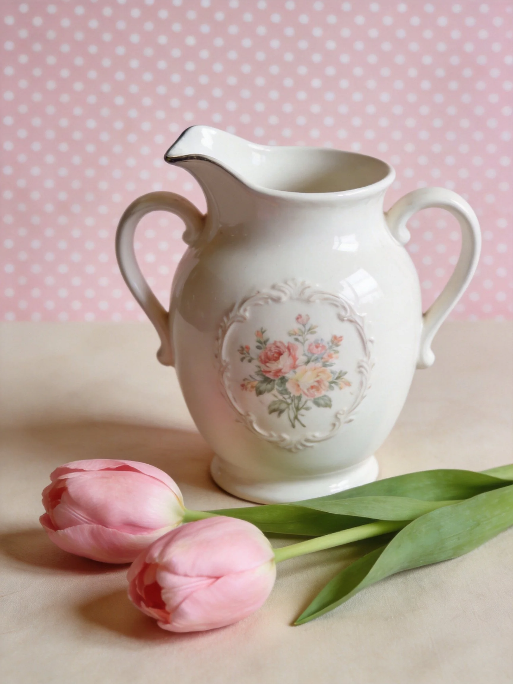 White ceramic pitcher with floral design beside two pink tulips