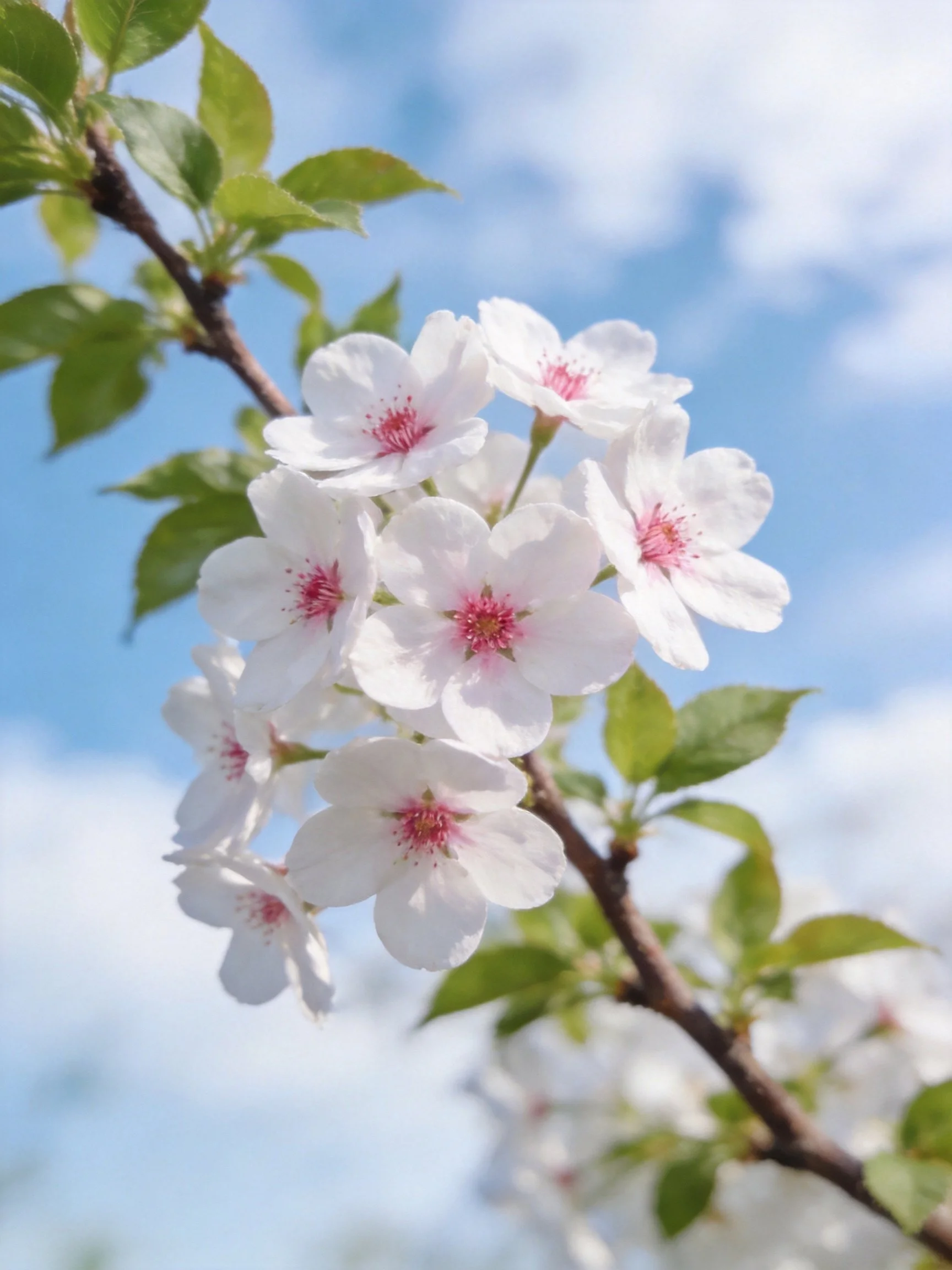 White cherry blossom cluster with pink centers and green leaves