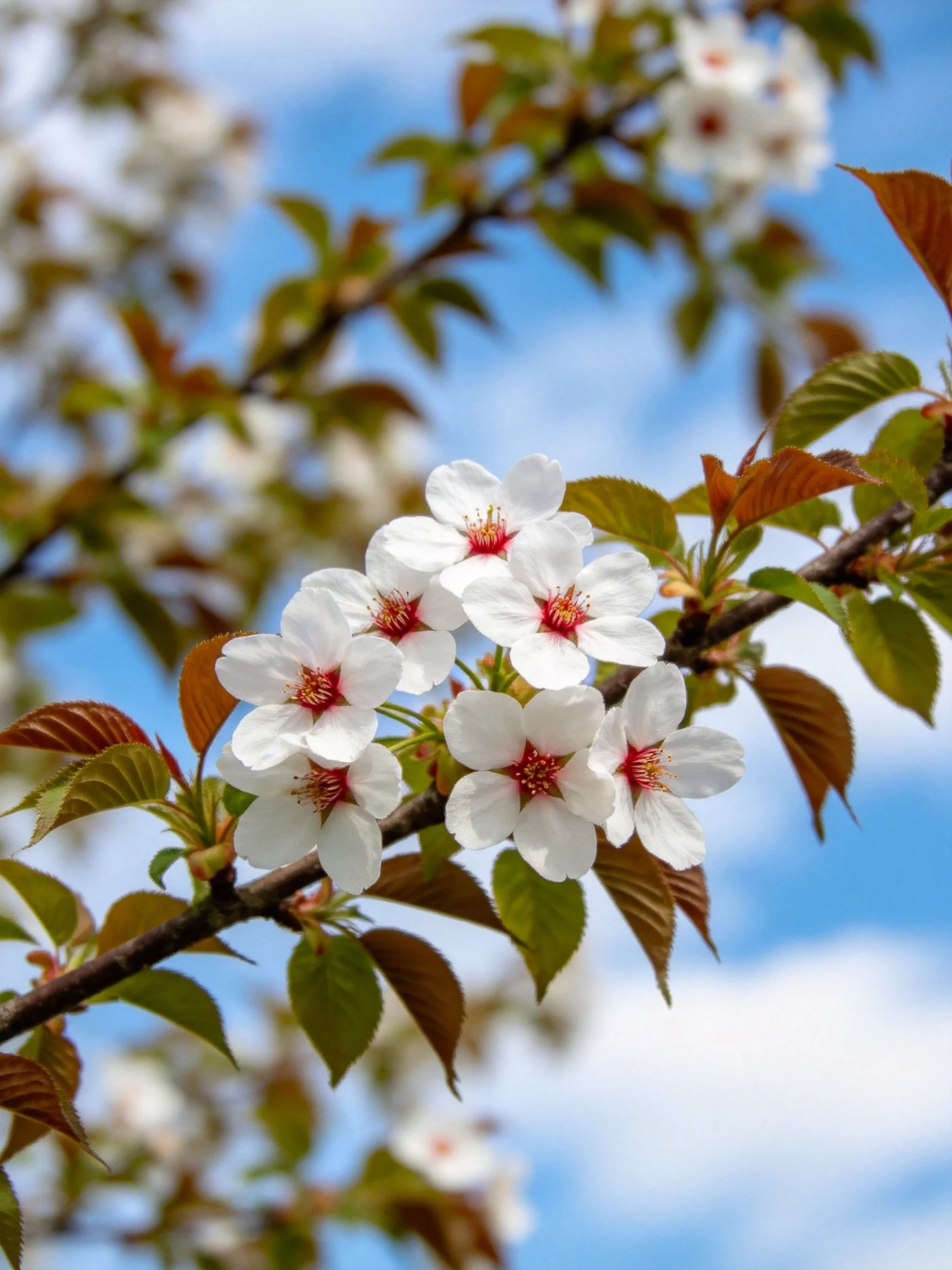 White cherry blossom cluster with red centers and mixed green/brown leaves under blue sky