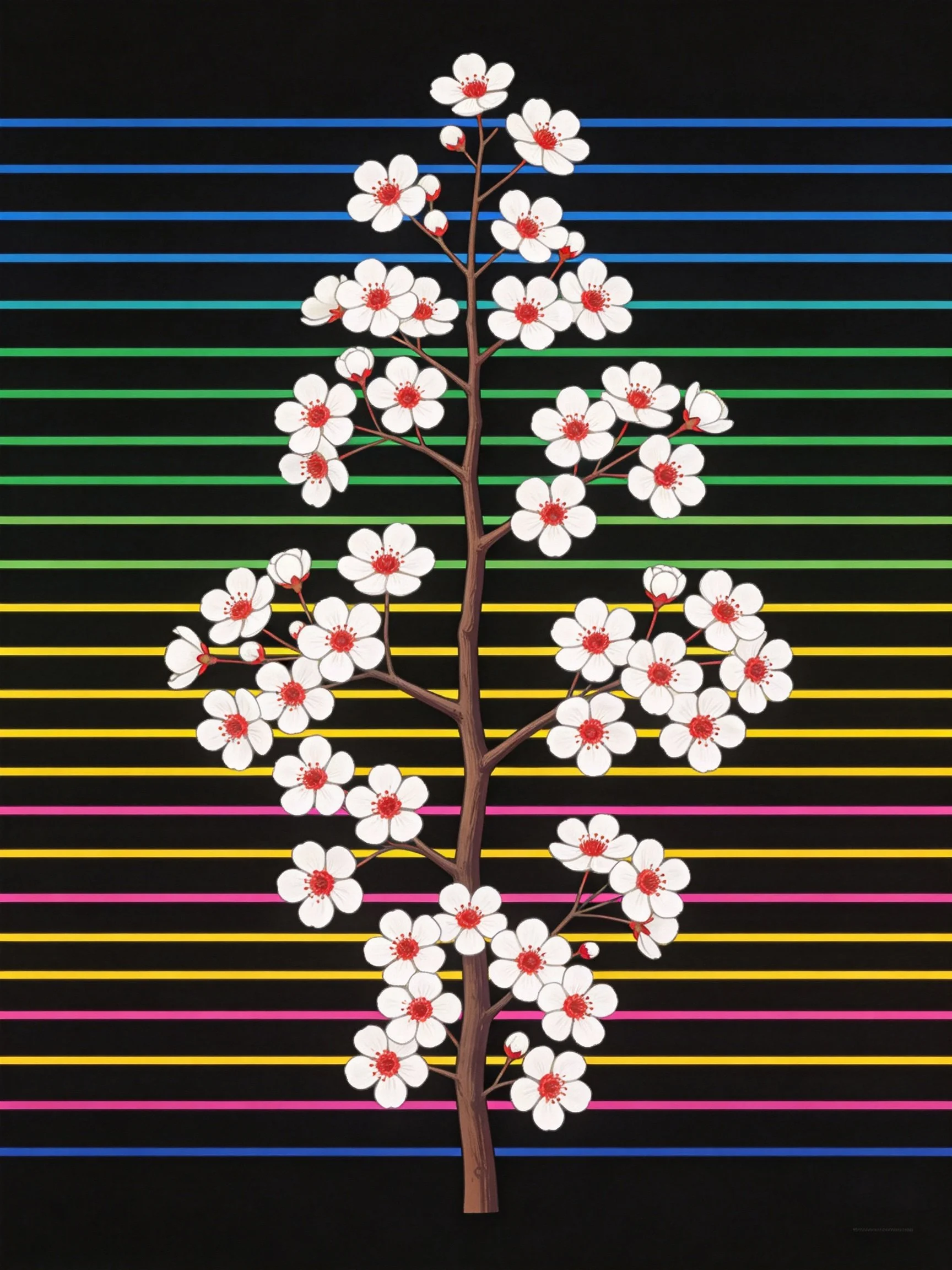 White cherry blossom tree with colorful horizontal striped background