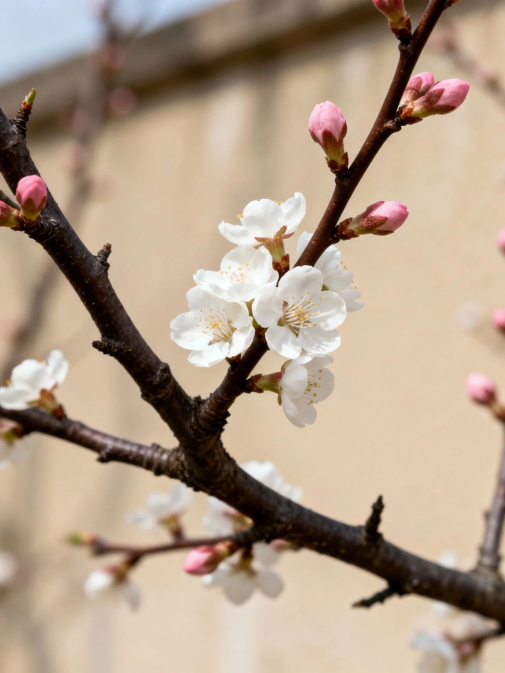 White cherry blossoms and pink flower buds on dark branches
