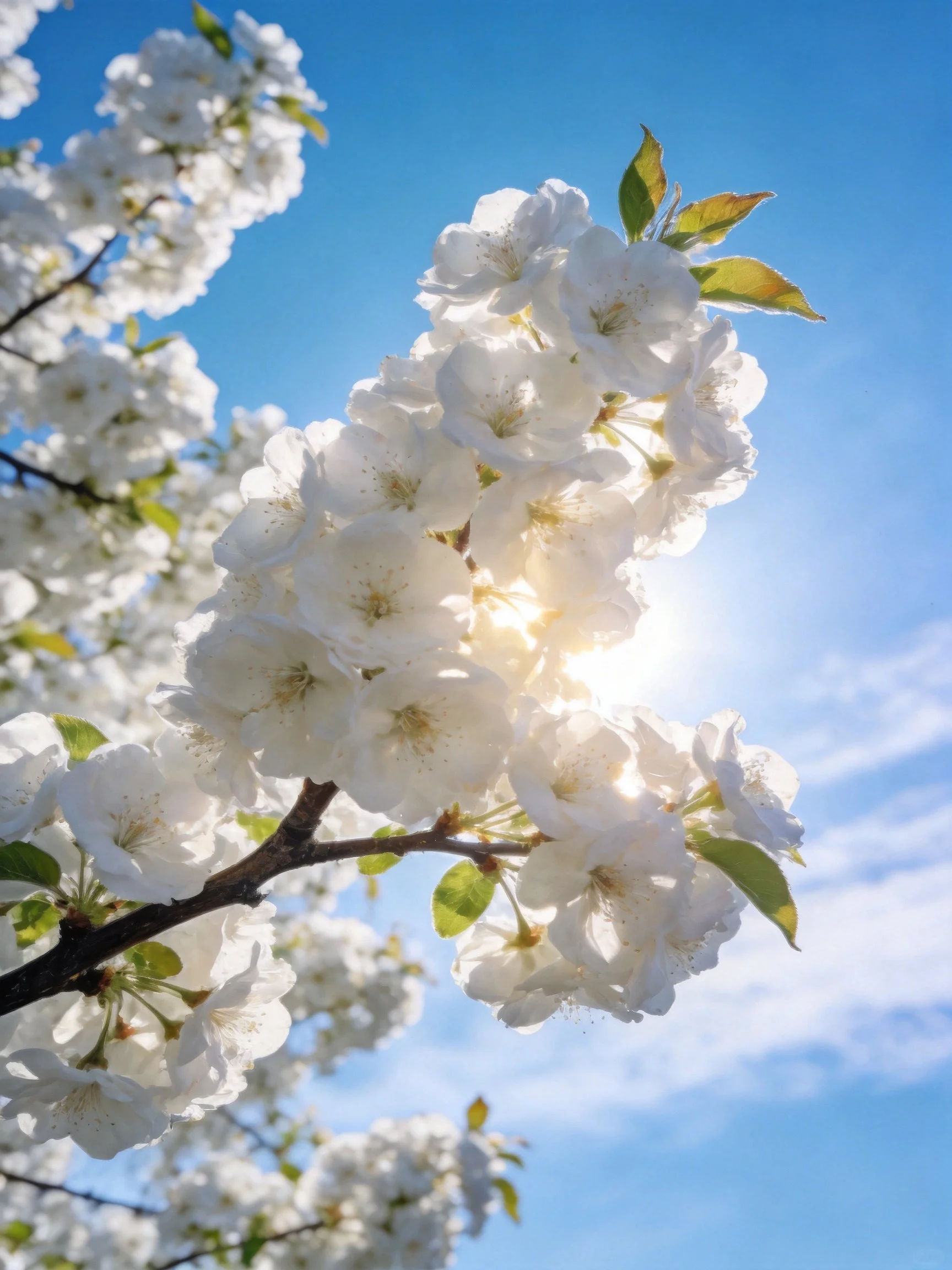 White cherry blossoms blooming under clear blue sky with sunlight