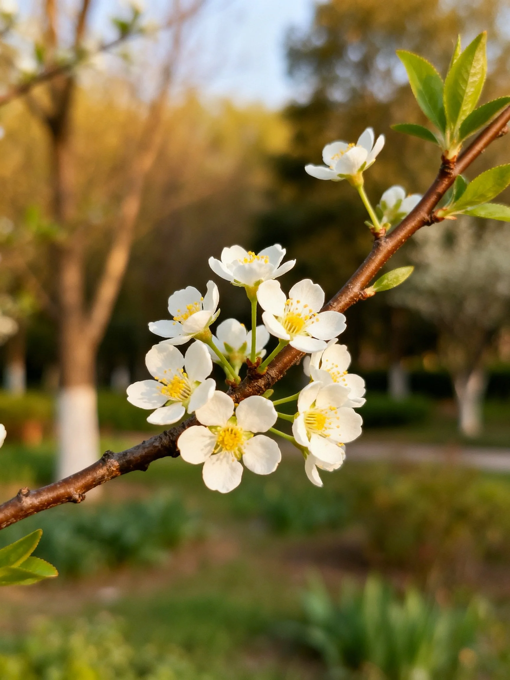 White cherry blossoms cluster on a brown branch with green foliage