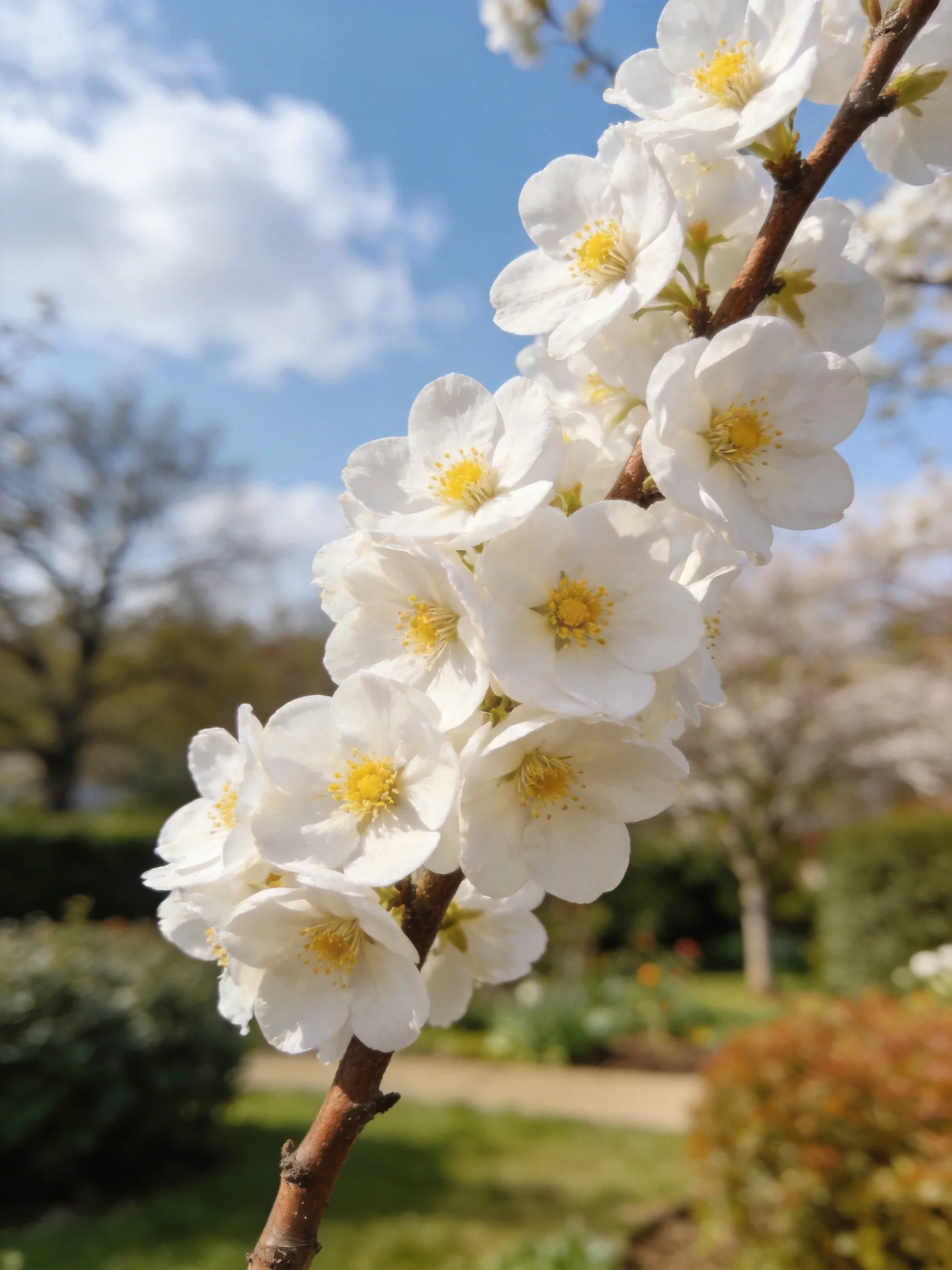 White cherry blossoms clustered on brown branch under blue sky