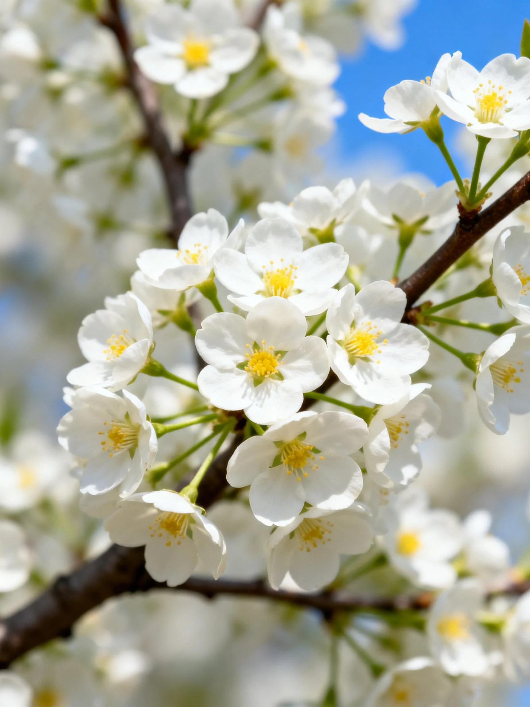 White cherry blossoms clustered on dark brown branches