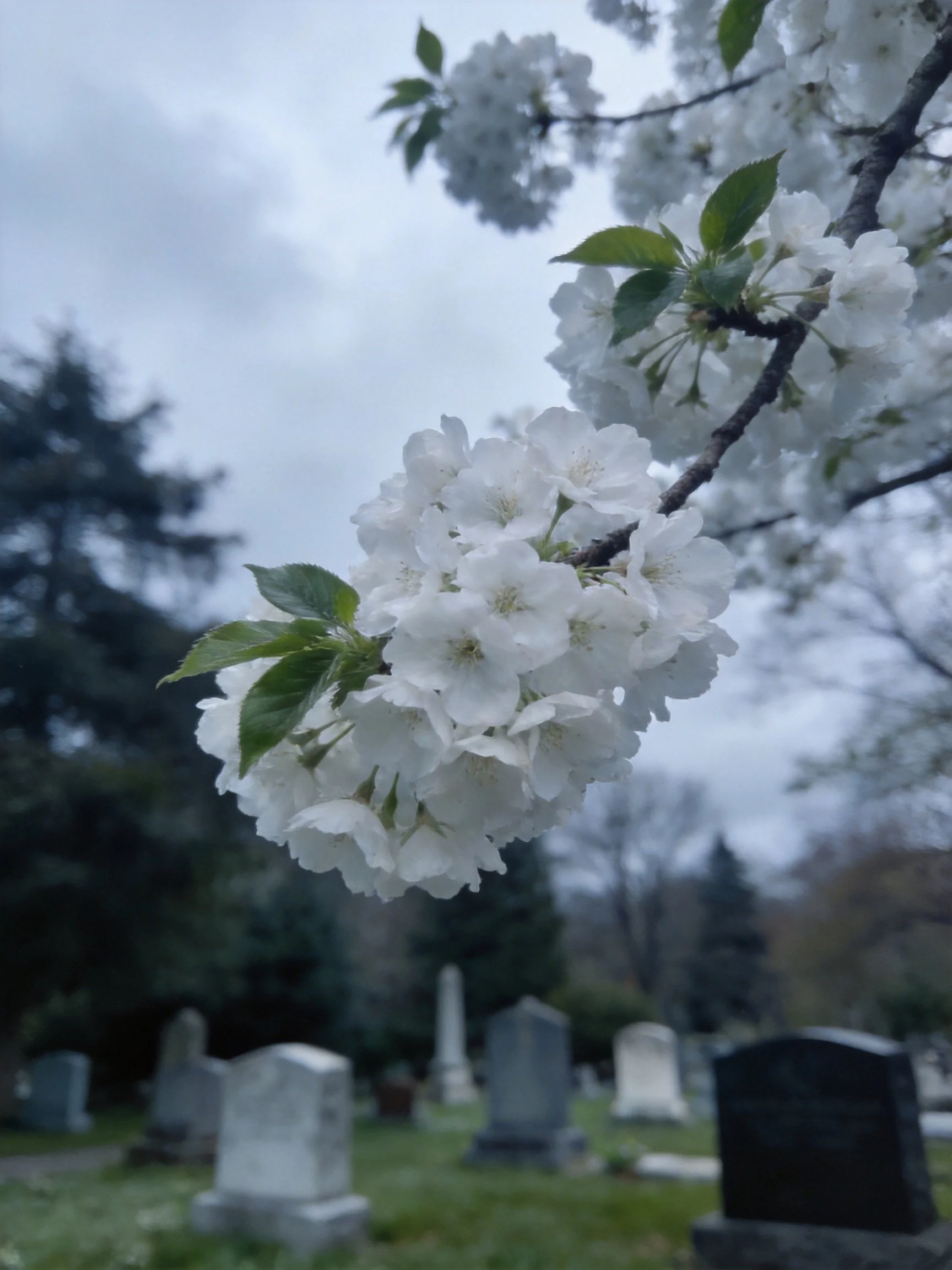 White cherry blossoms on a branch in a cemetery with tombstones and trees