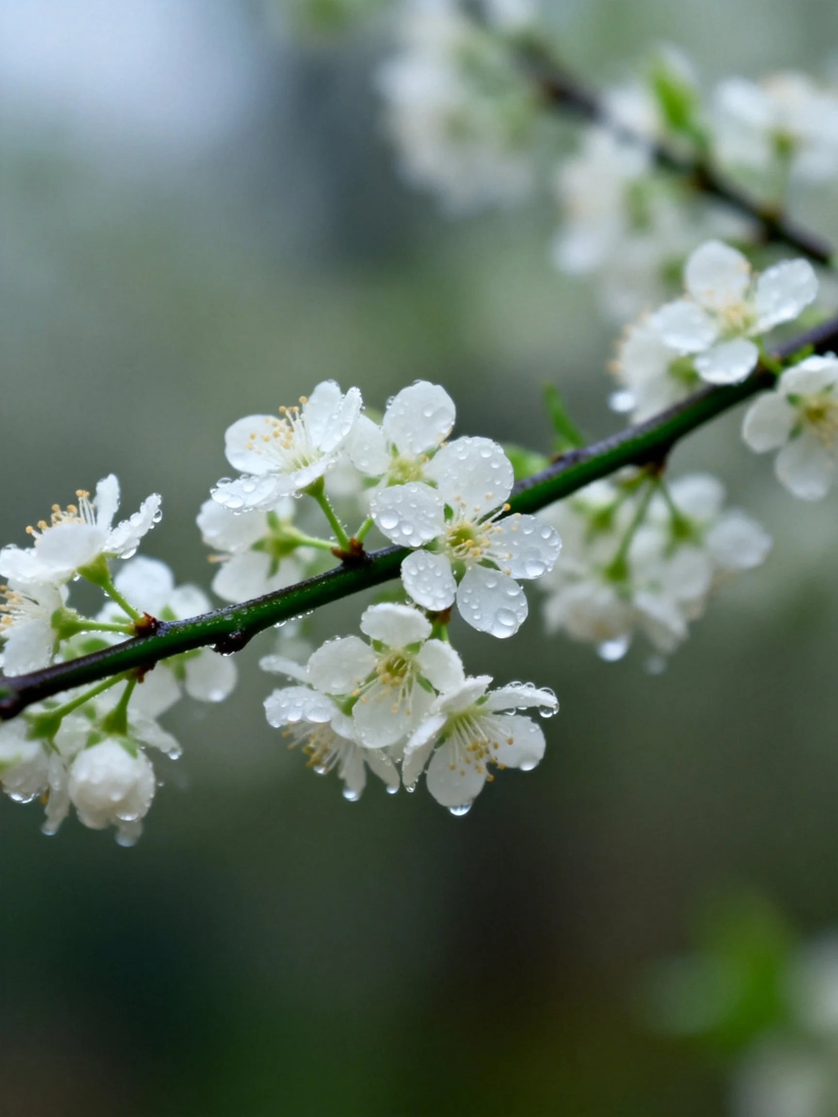 White cherry blossoms with dewdrops on a dark branch