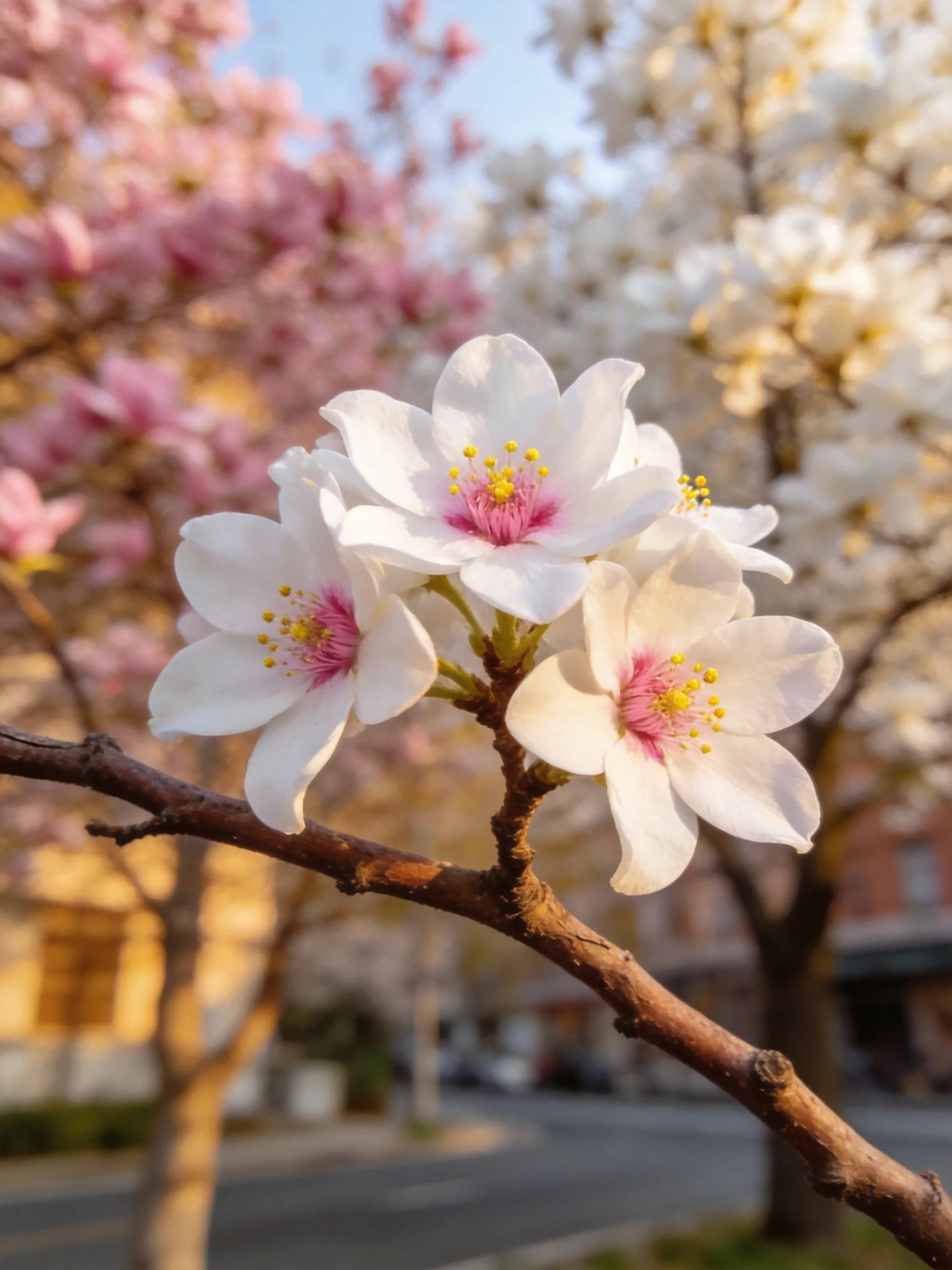 White cherry blossoms with pink centers bloom on a brown branch, pink and white flowering trees in ba