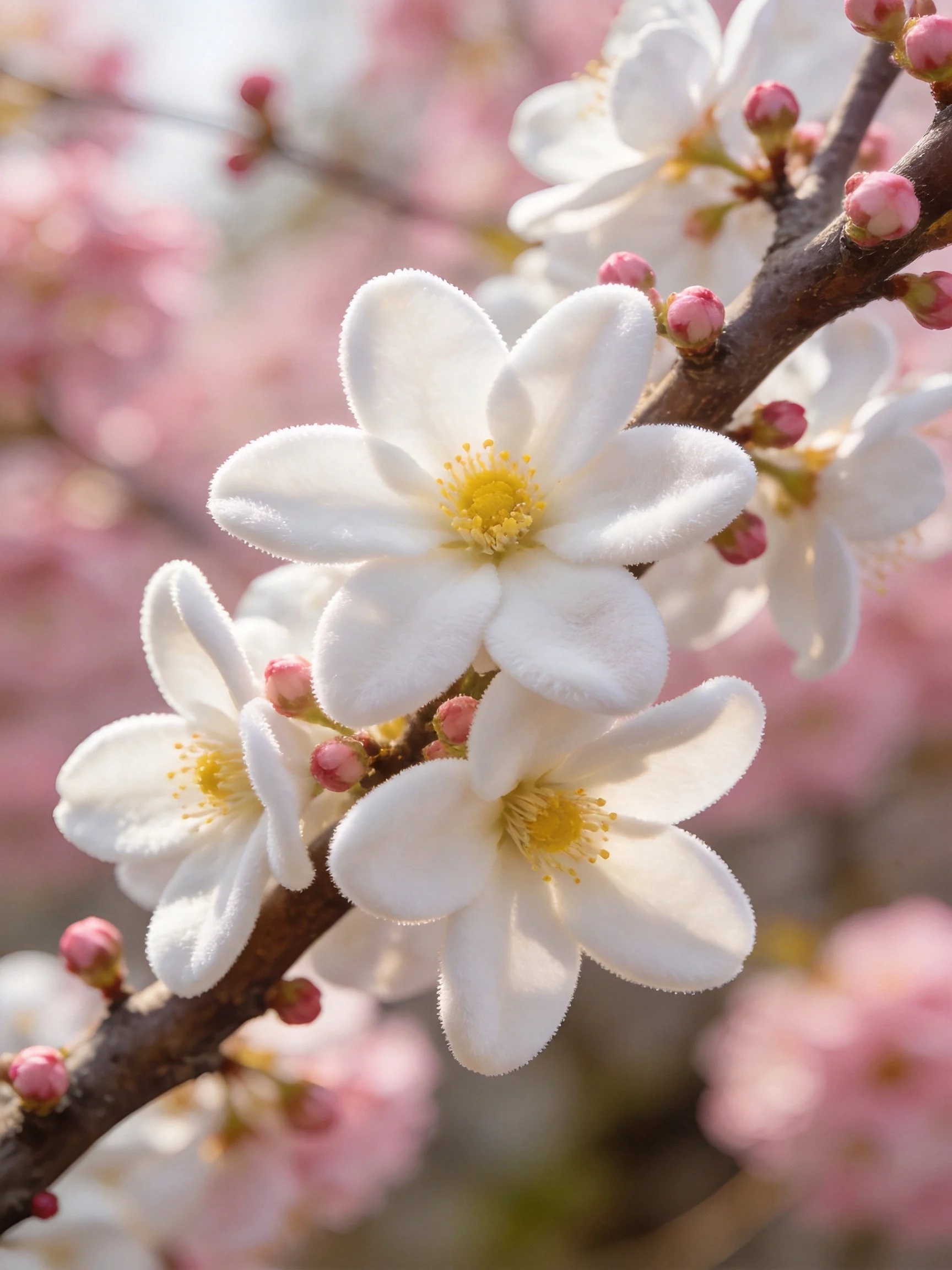 White cherry blossoms with yellow centers near pink buds