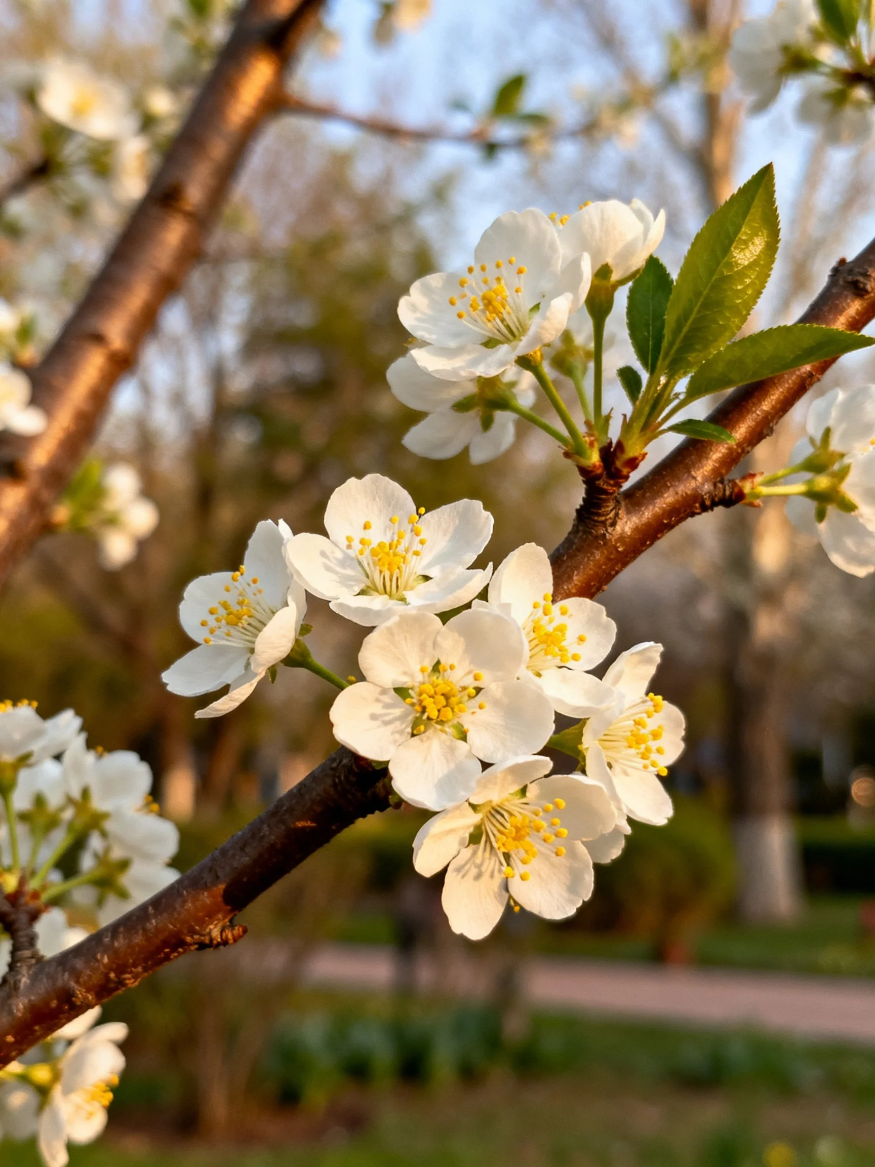 White cherry blossoms with yellow stamens on brown branches in a sunny park