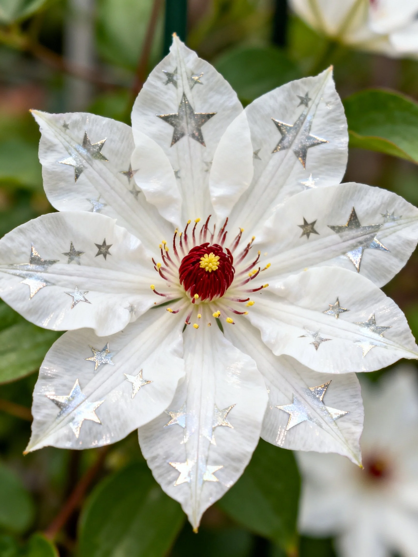 White clematis flower with silver star-patterned petals