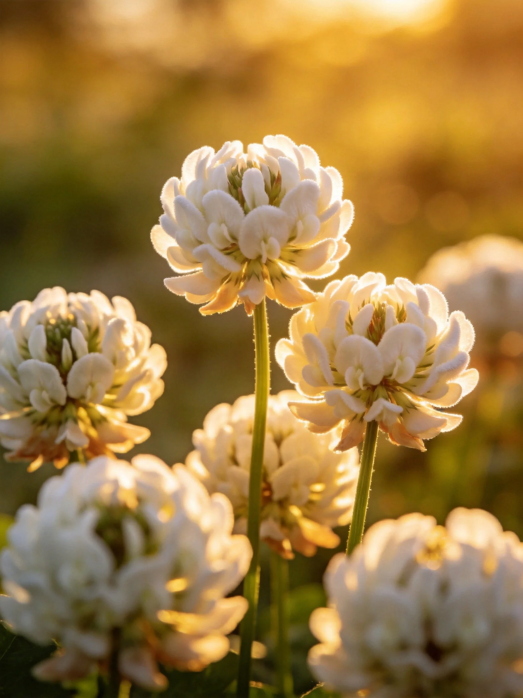 White clover blooms illuminated by warm golden sunlight