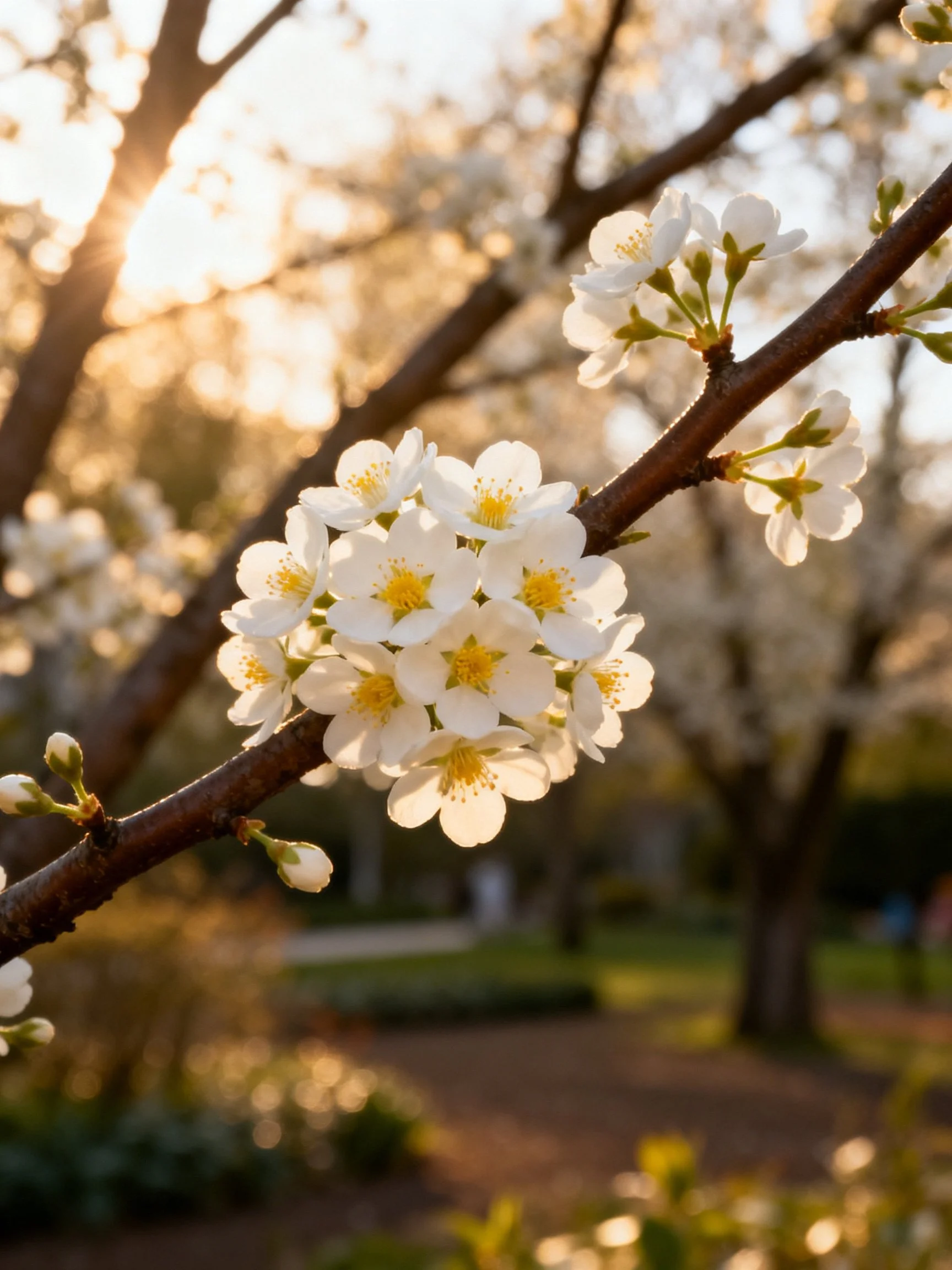 White clustered blossoms on a tree branch under golden sunlight
