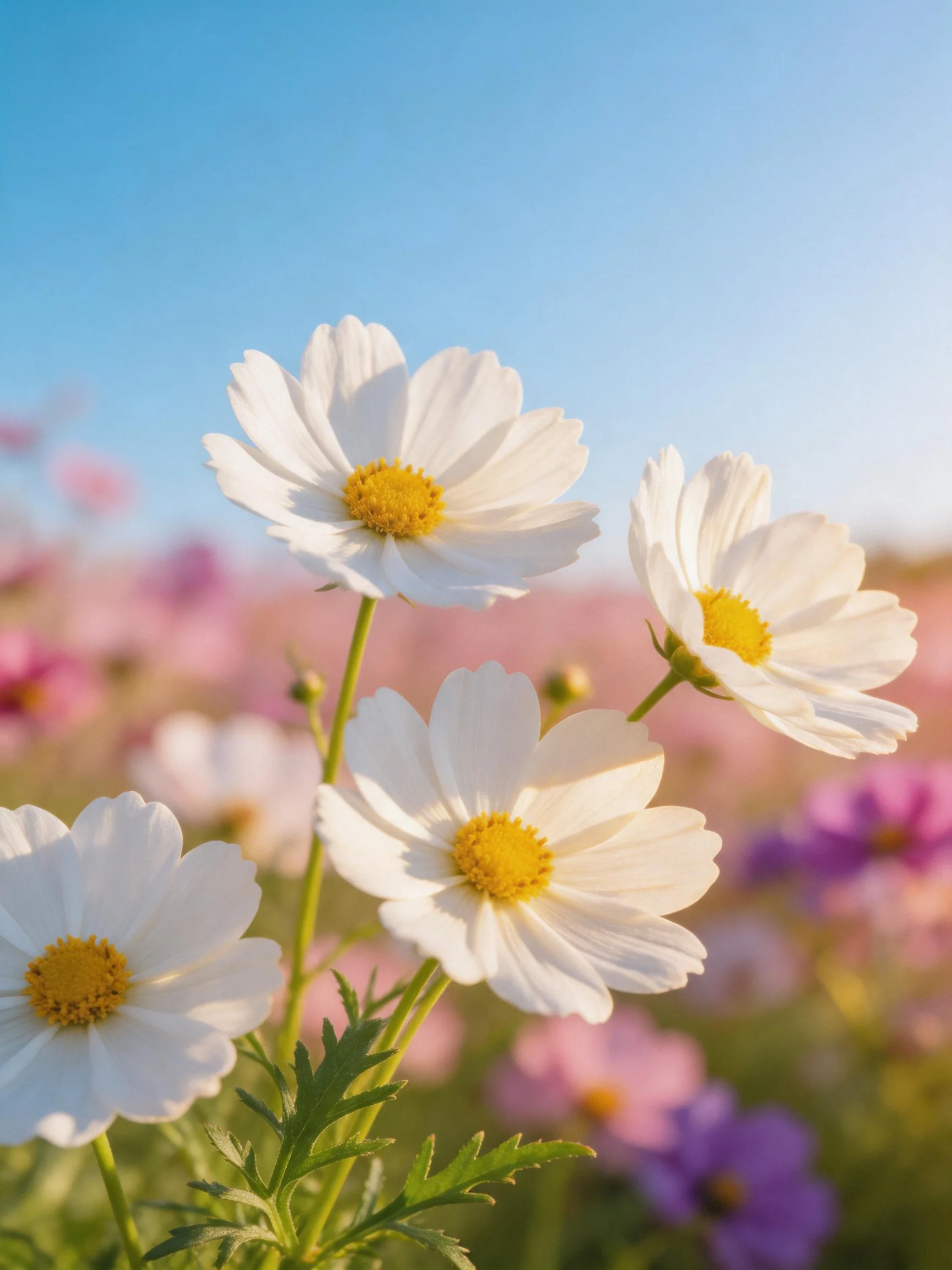 White cosmos flowers with yellow centers in a sunny meadow