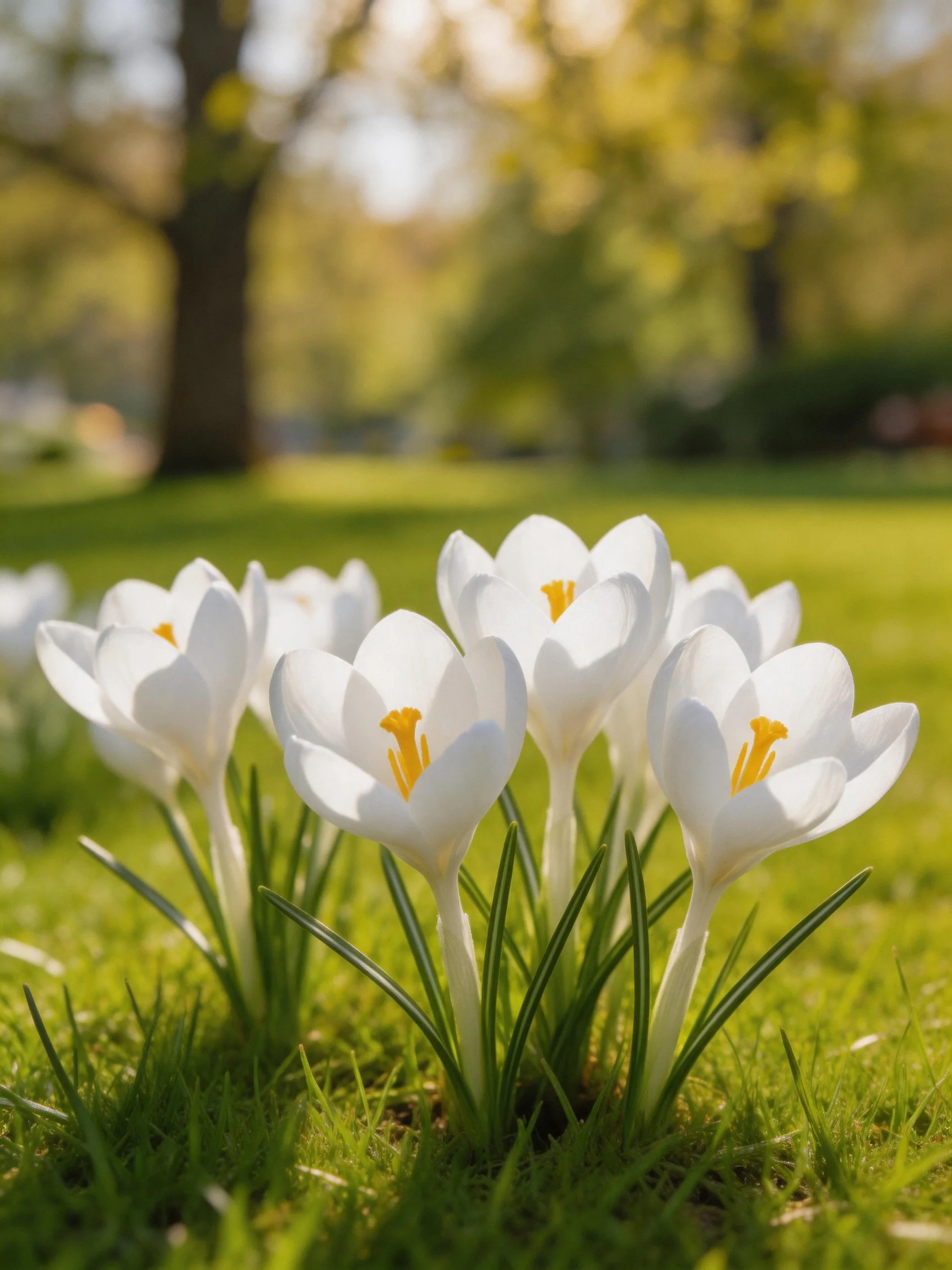 White crocus flowers bloom among green grass under sunlight