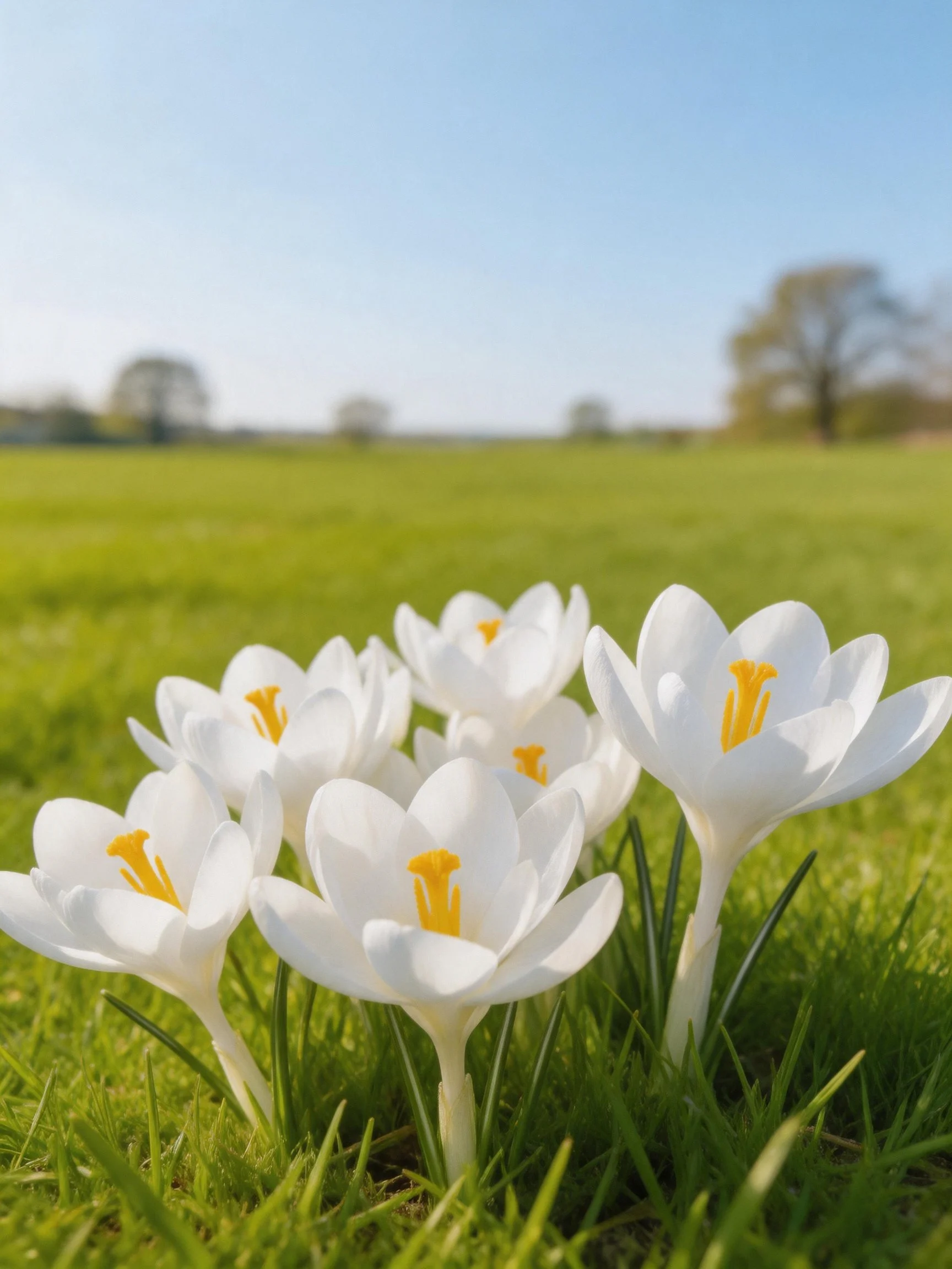 White crocus flowers cluster in a sunlit green field
