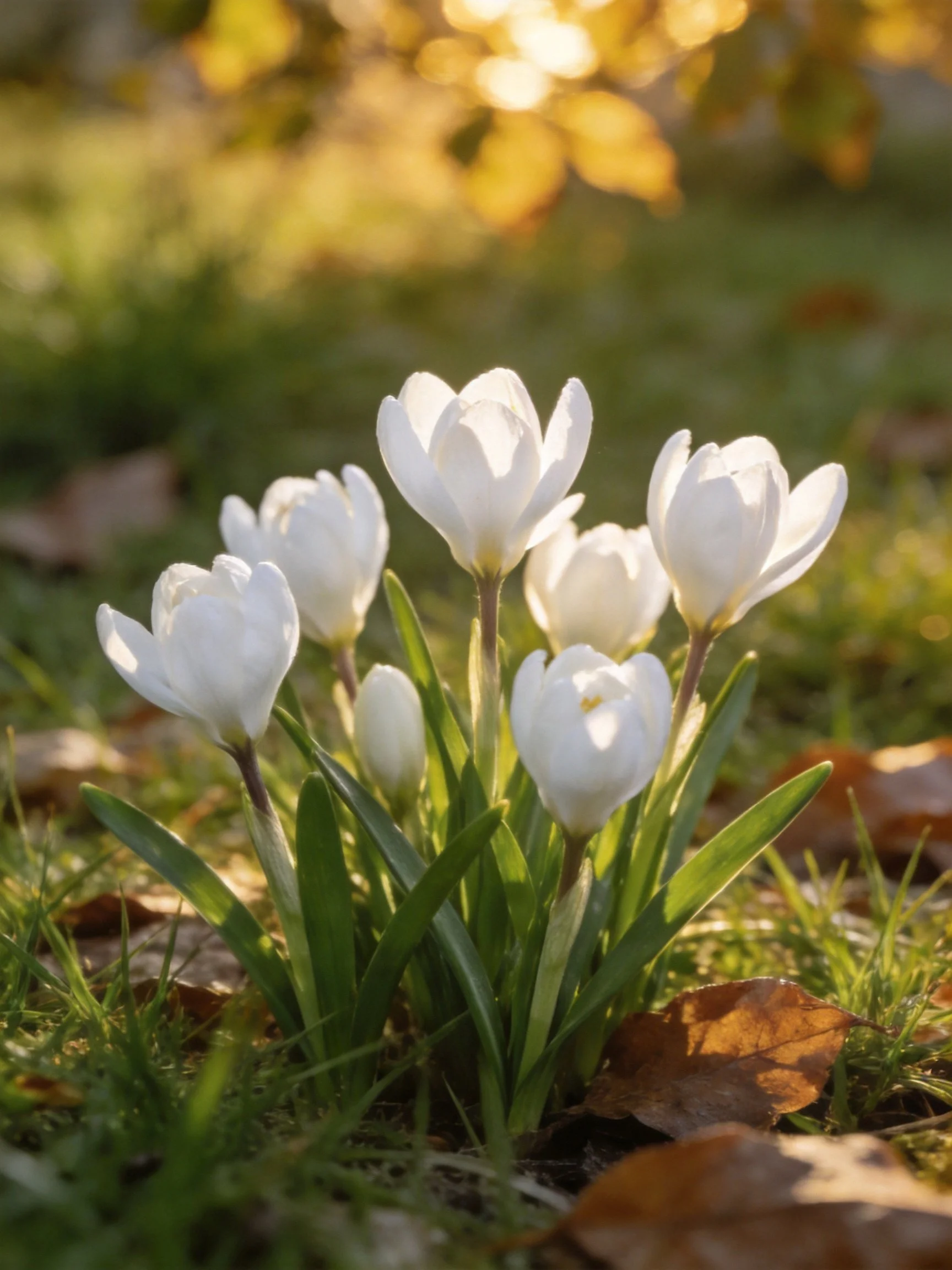 White crocus flowers cluster in grass with brown fallen leaves under warm sunlight