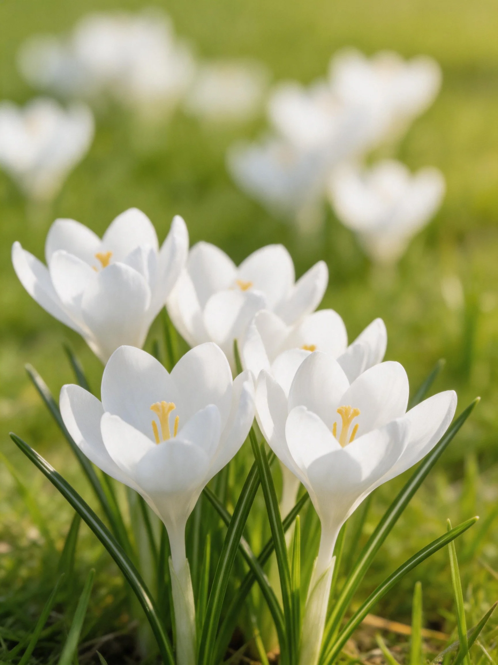 White crocus flowers clustered in sunlit green meadow