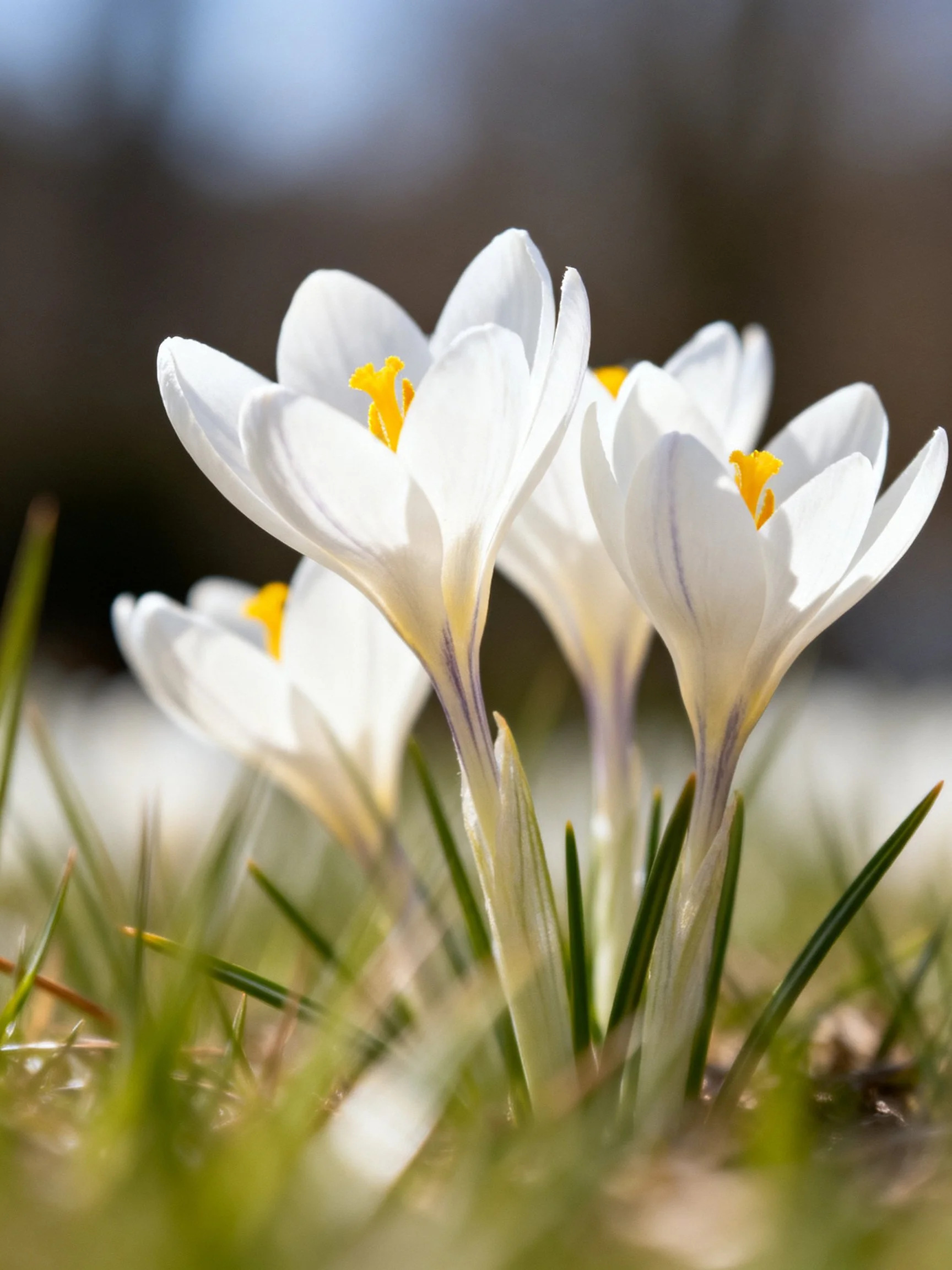 White crocuses bloom among green grass with yellow stamens