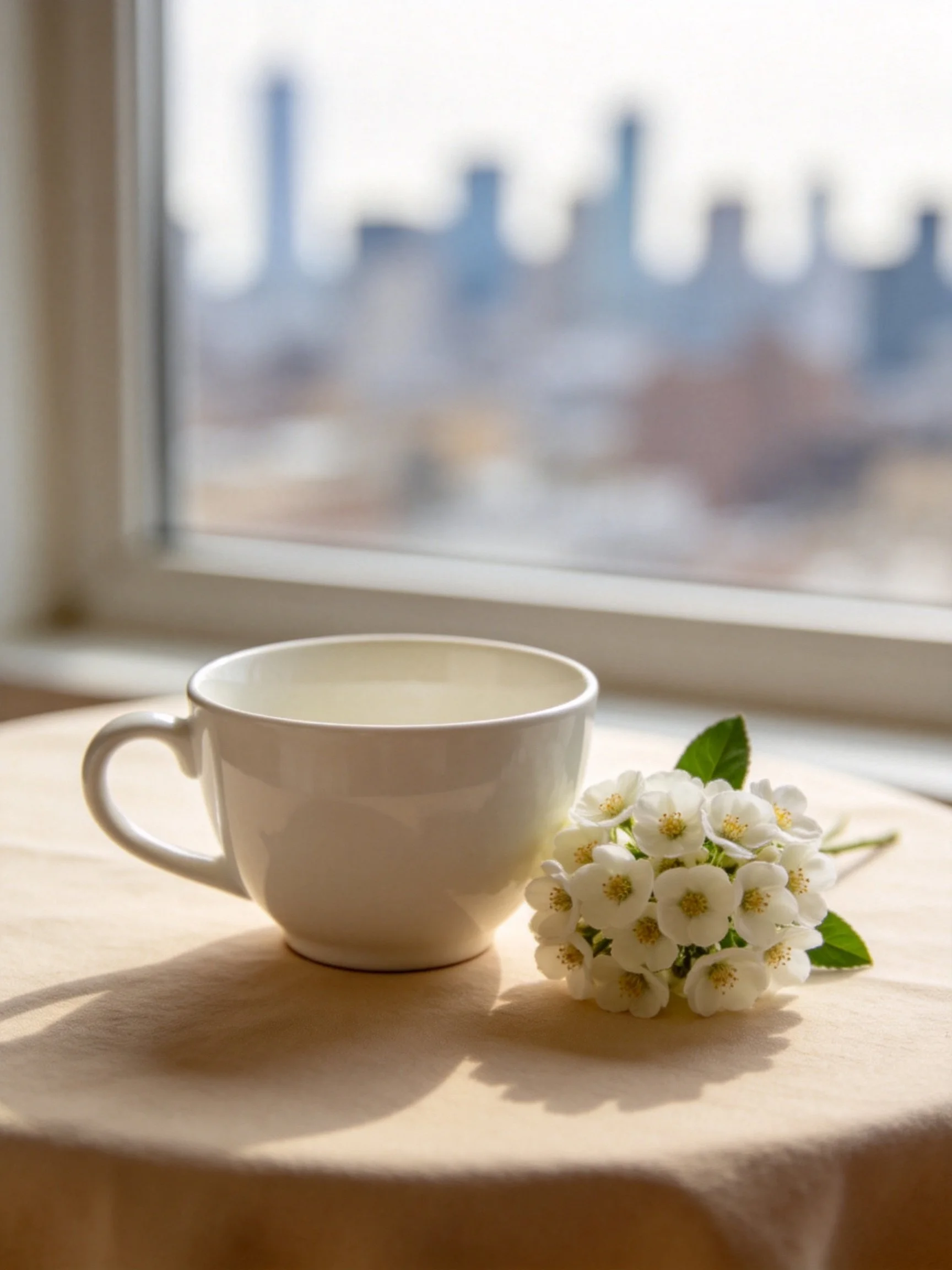 White cup beside a cluster of white flowers on a beige table by a window