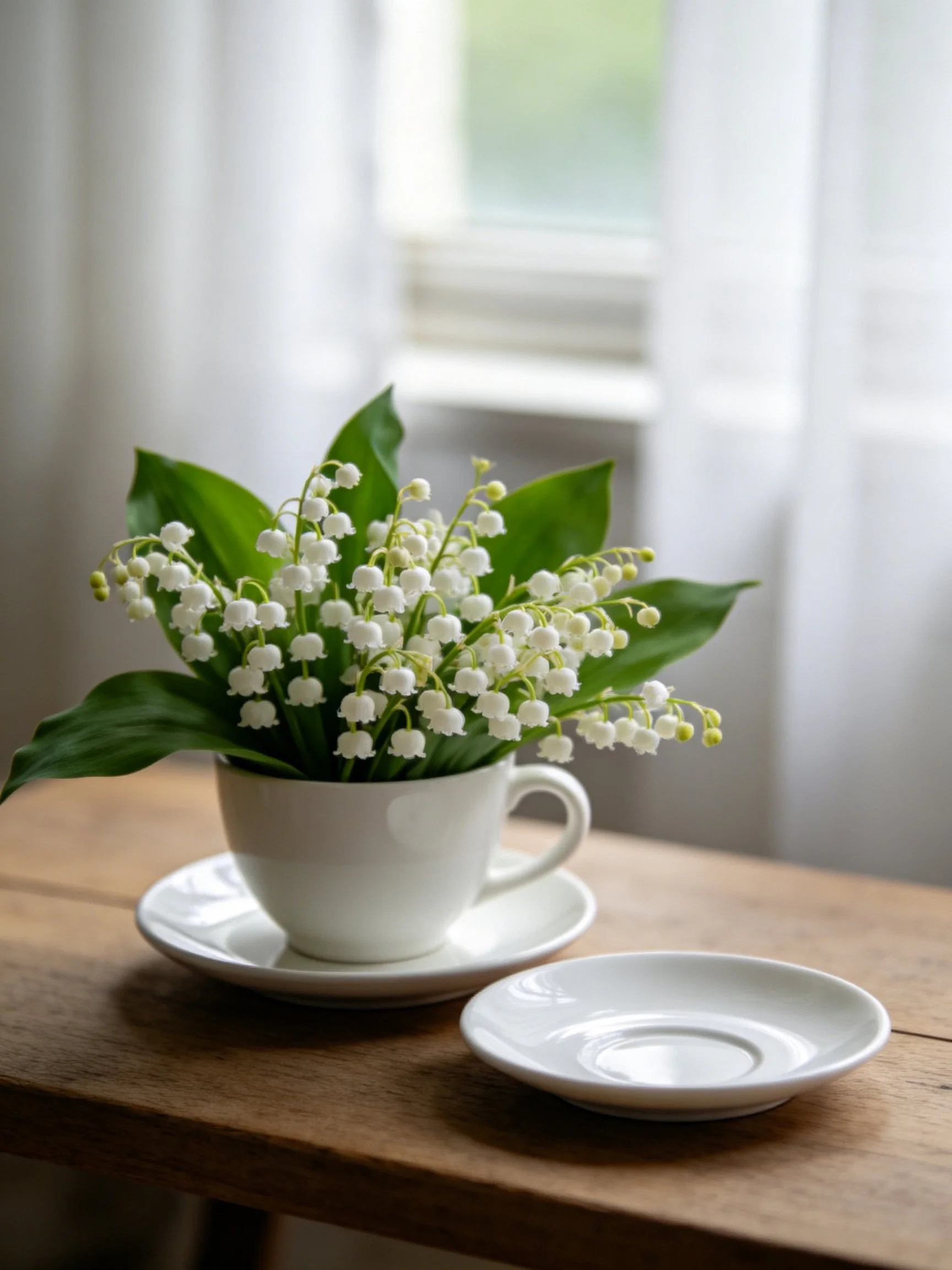 White cup with lily of the valley bouquet on wooden table