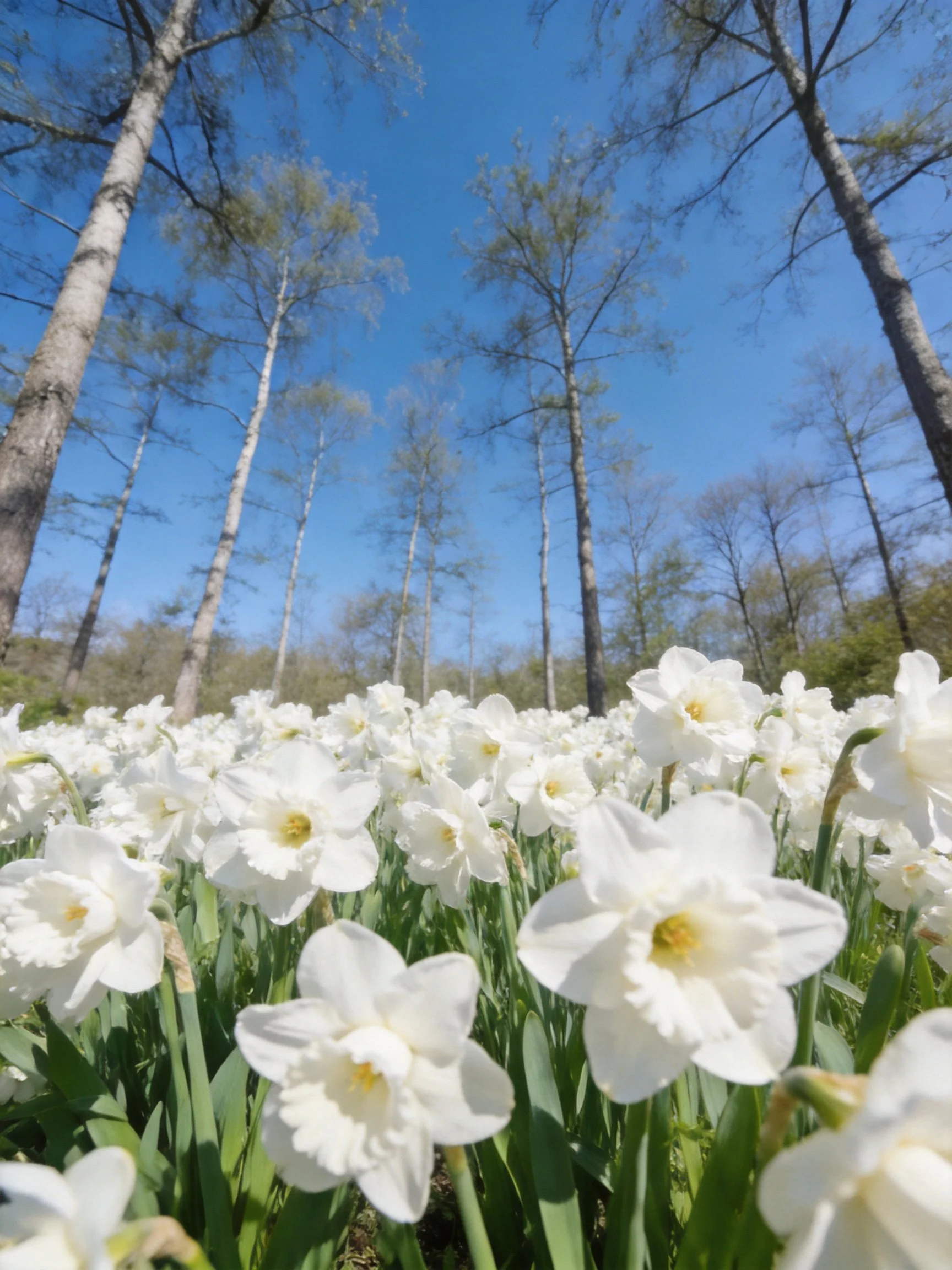 White daffodil field beneath tall trees with blue sky