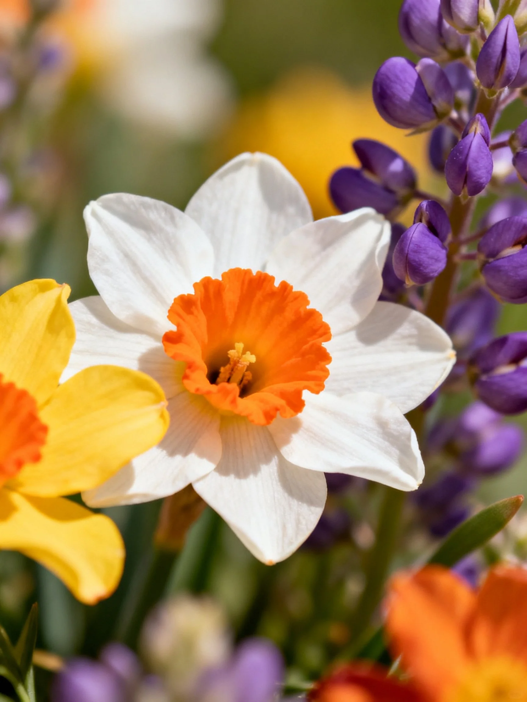 White daffodil with orange center among purple and yellow blooms