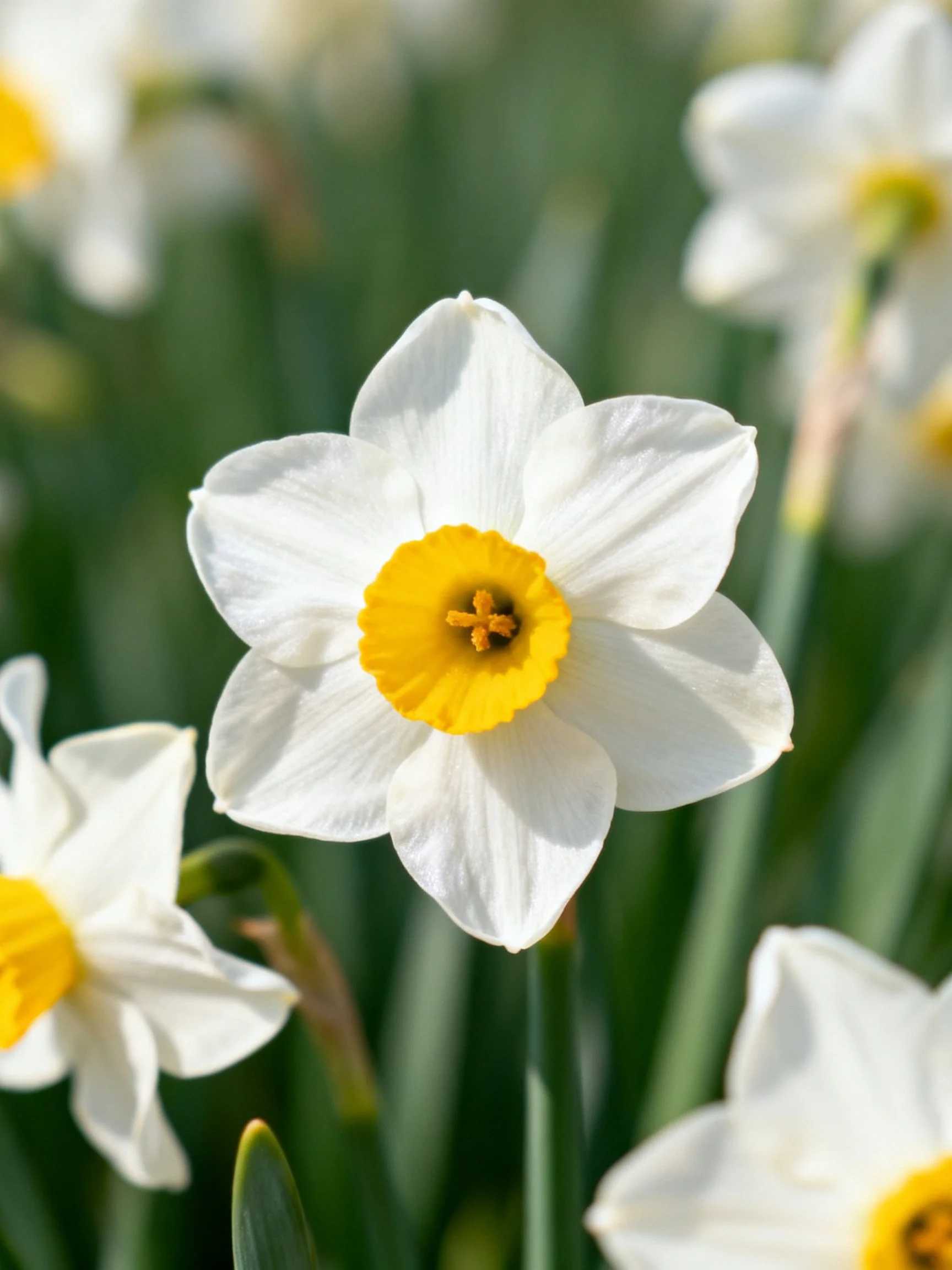 White daffodils with bright yellow centers amid lush green foliage