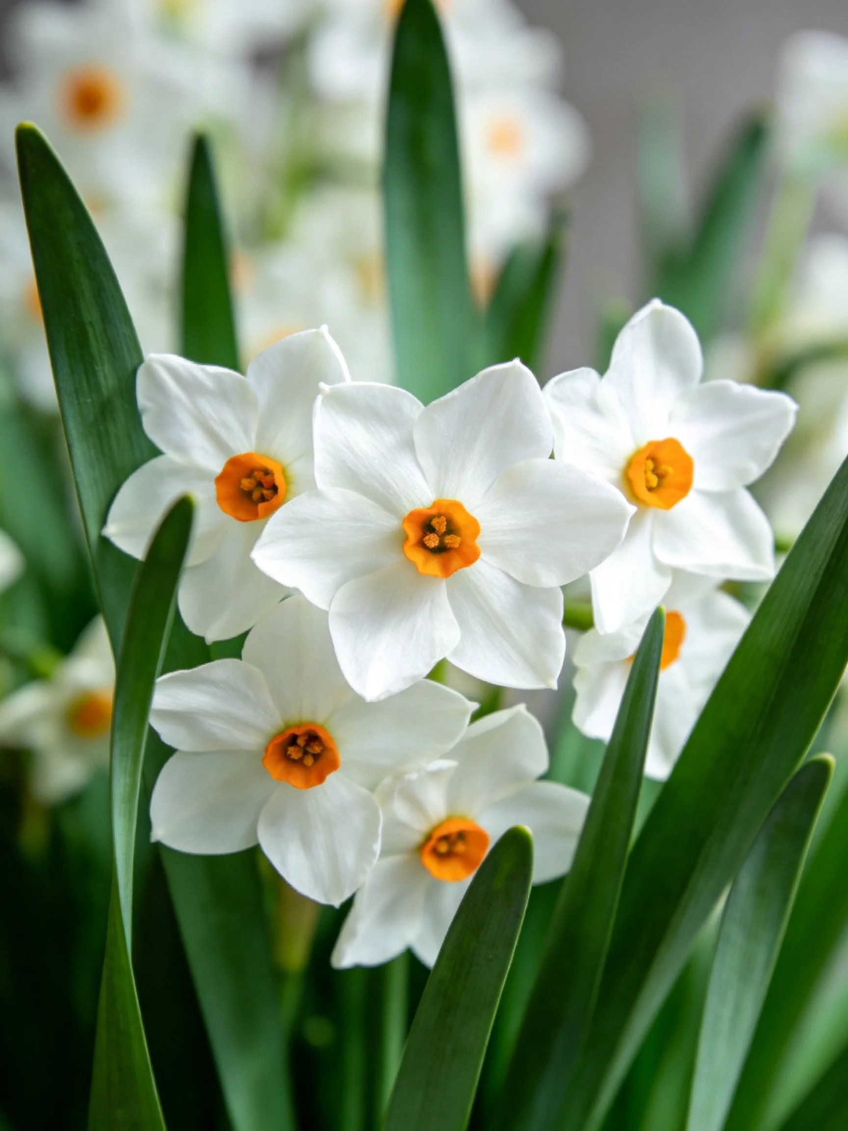 A cluster of white daffodils with orange centers is surrounded by long green leaves.
