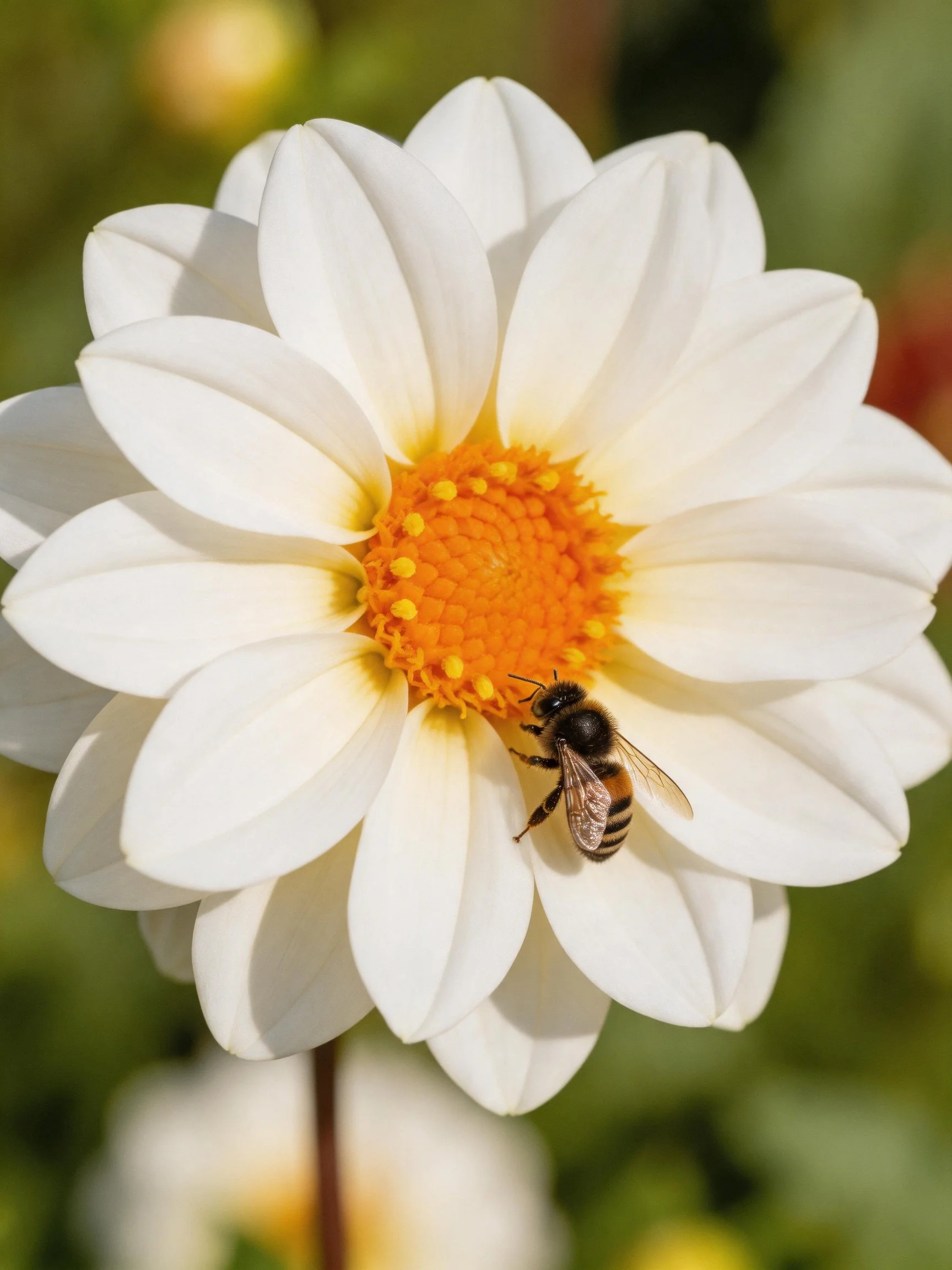 White dahlia with orange center and honeybee