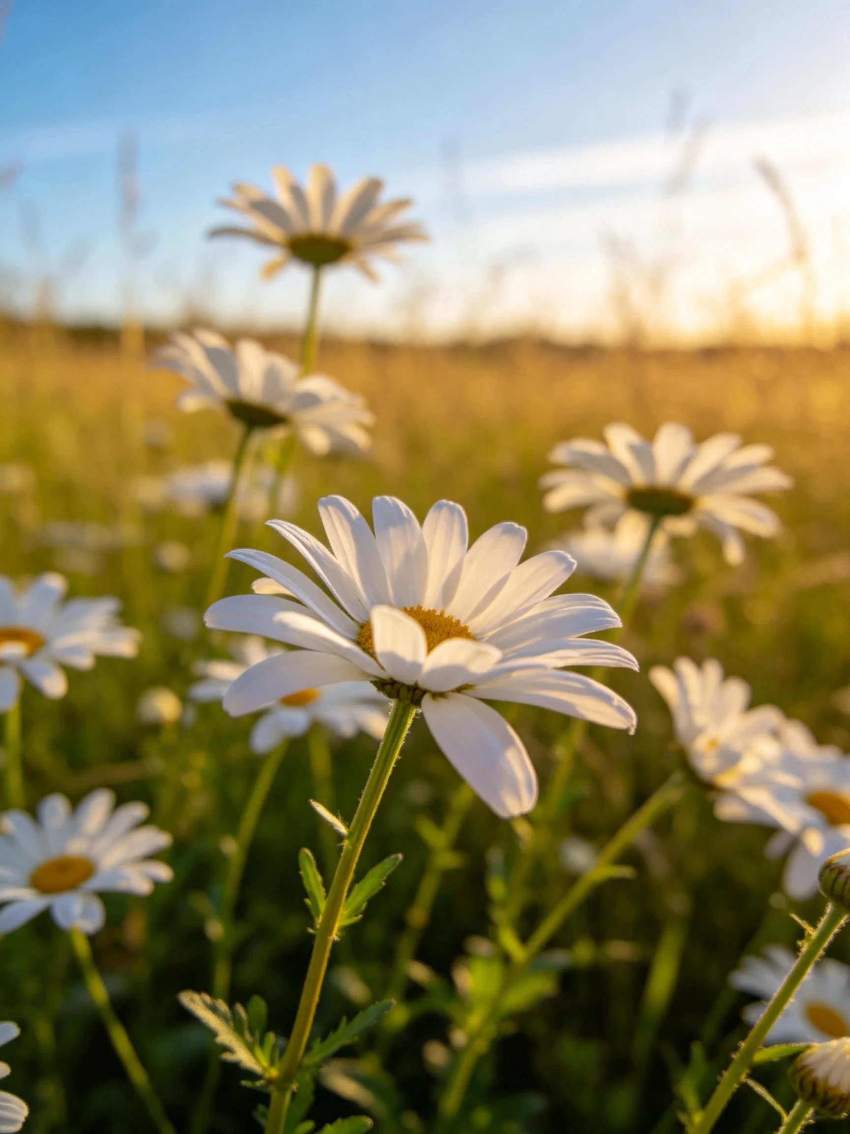 White daisies bloom in a sunlit green meadow at golden hour