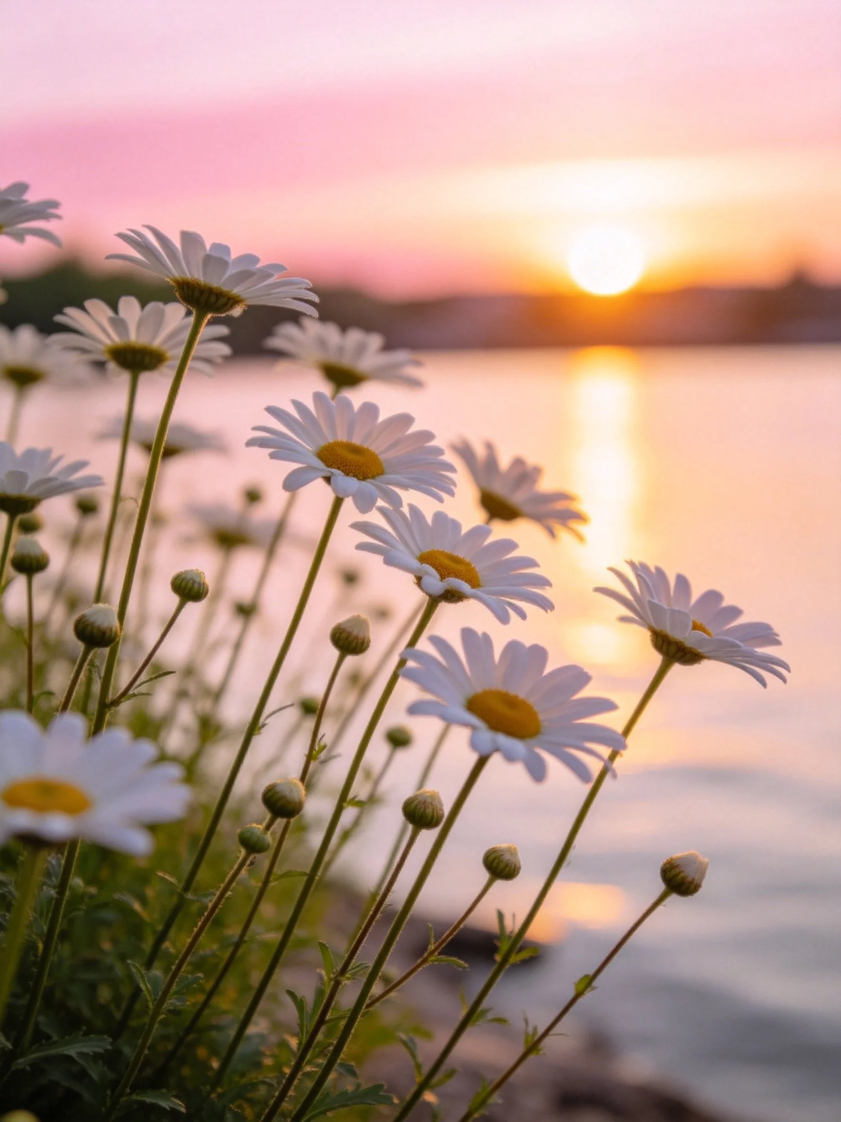 White daisies by calm water during pink-orange sunset