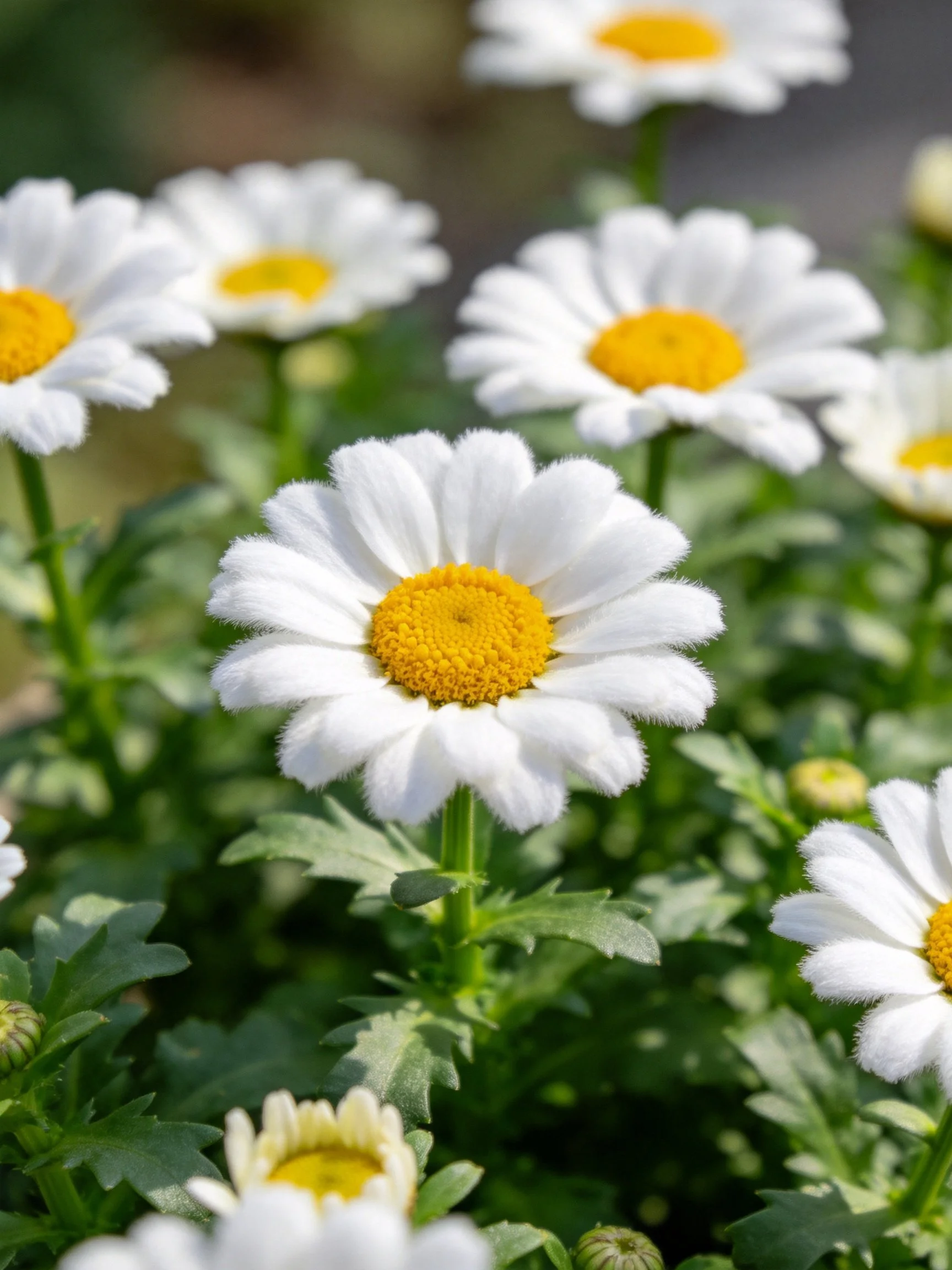 White daisies with bright yellow centers amid lush green foliage