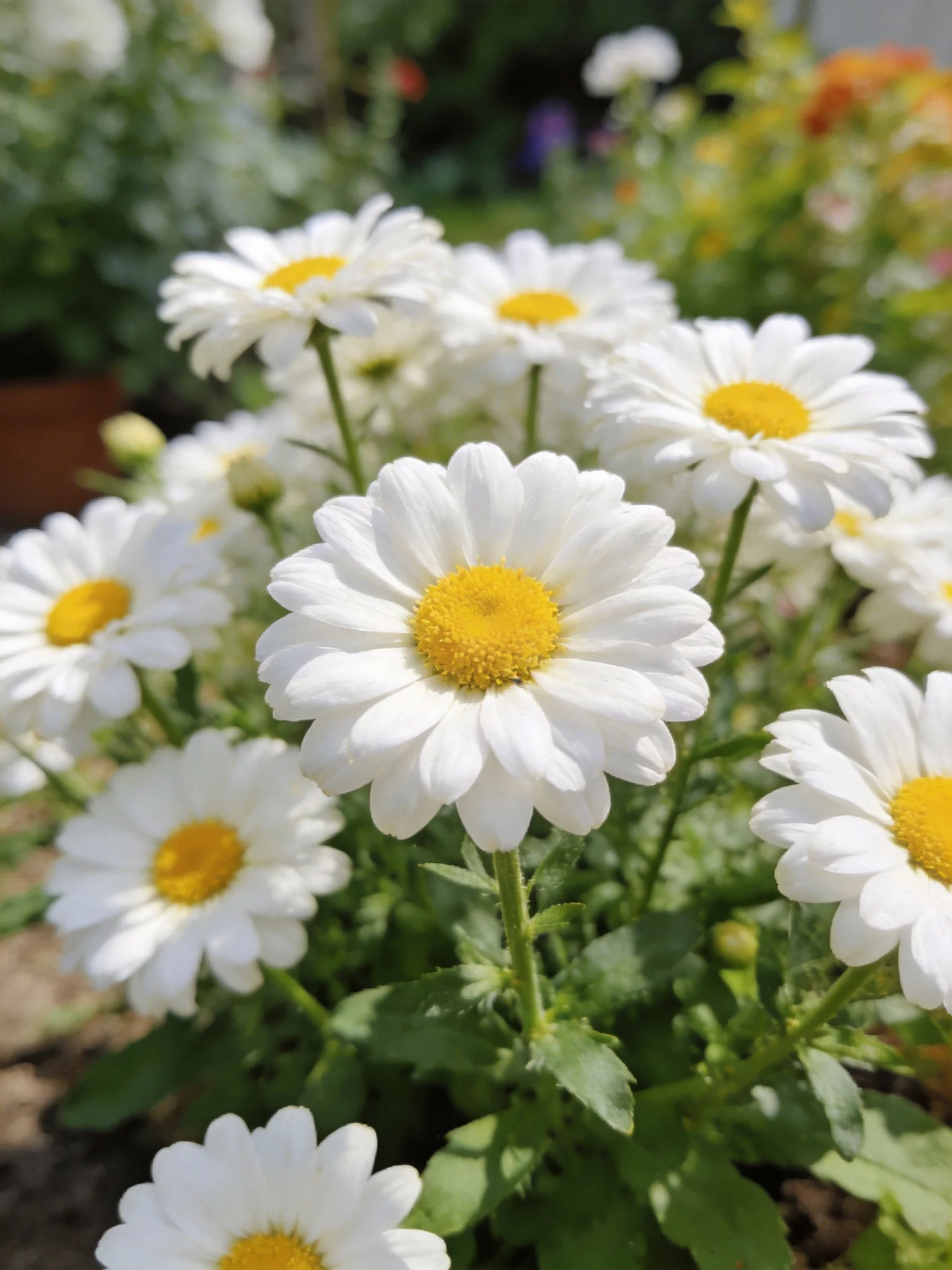 White daisies with bright yellow centers clustered among green foliage