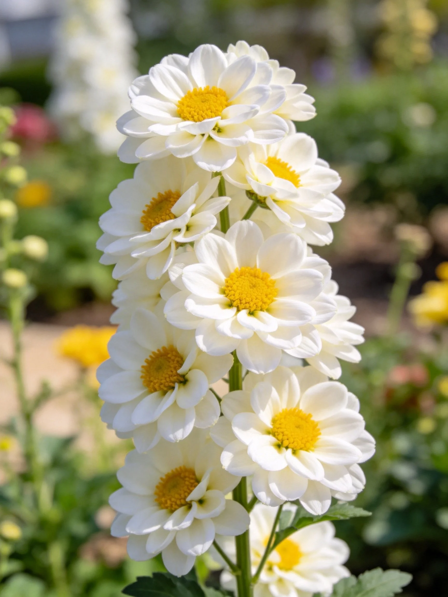 White daisies with bright yellow centers clustered vertically