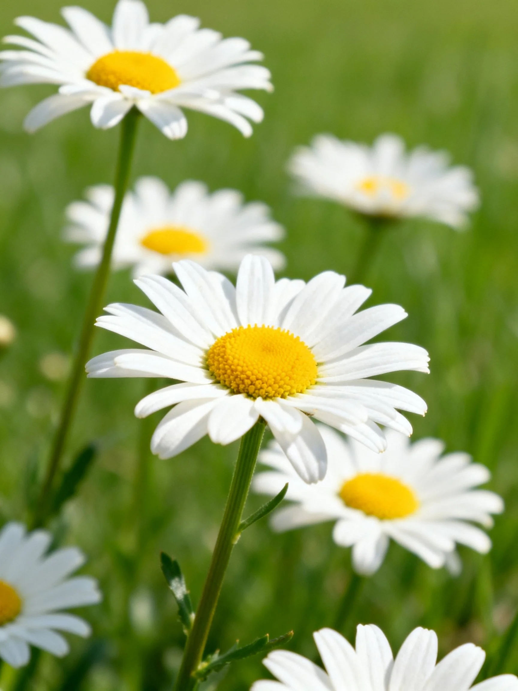 White daisies with bright yellow centers scattered among greenery