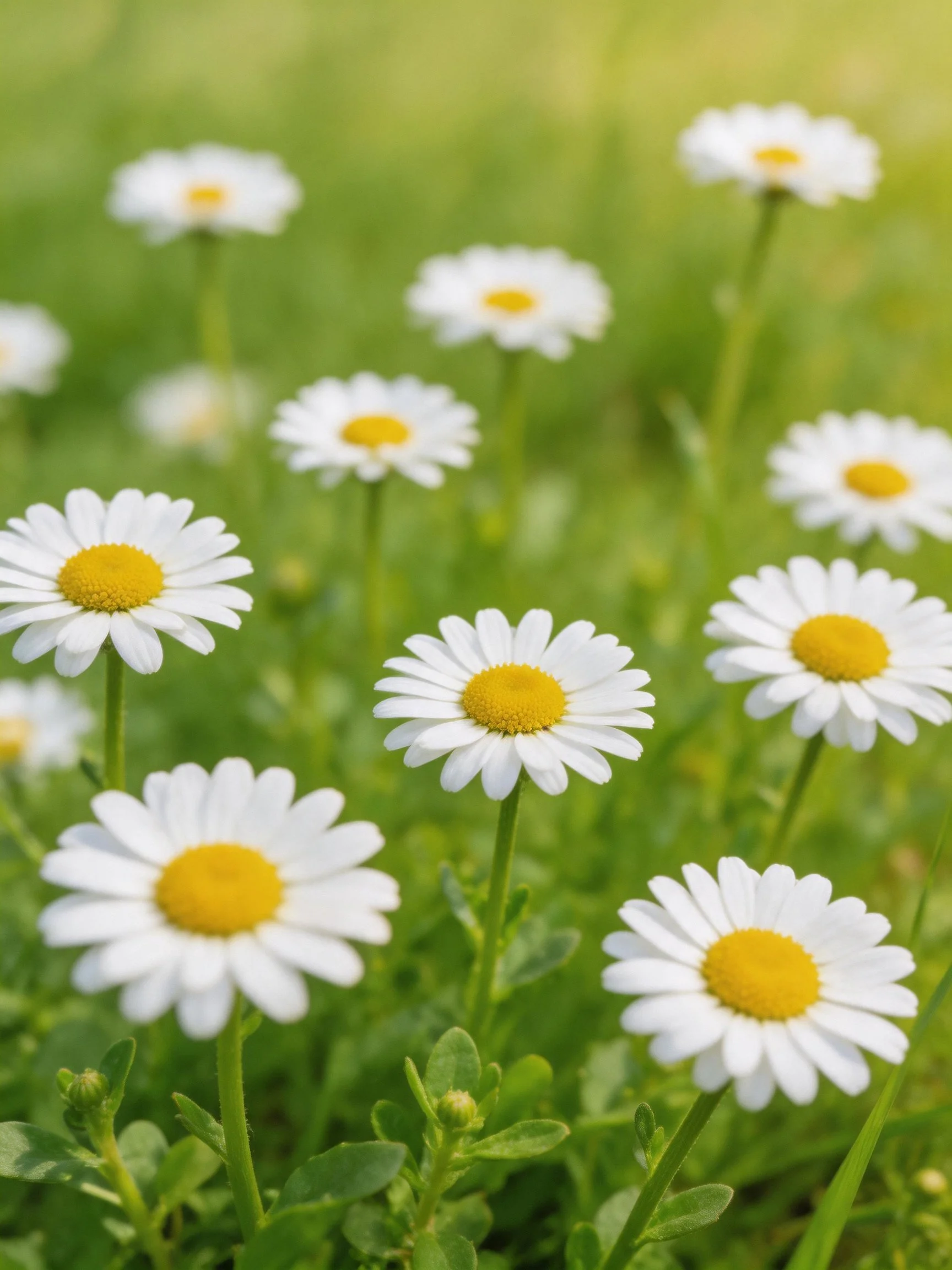White daisies with yellow centers amid lush green foliage