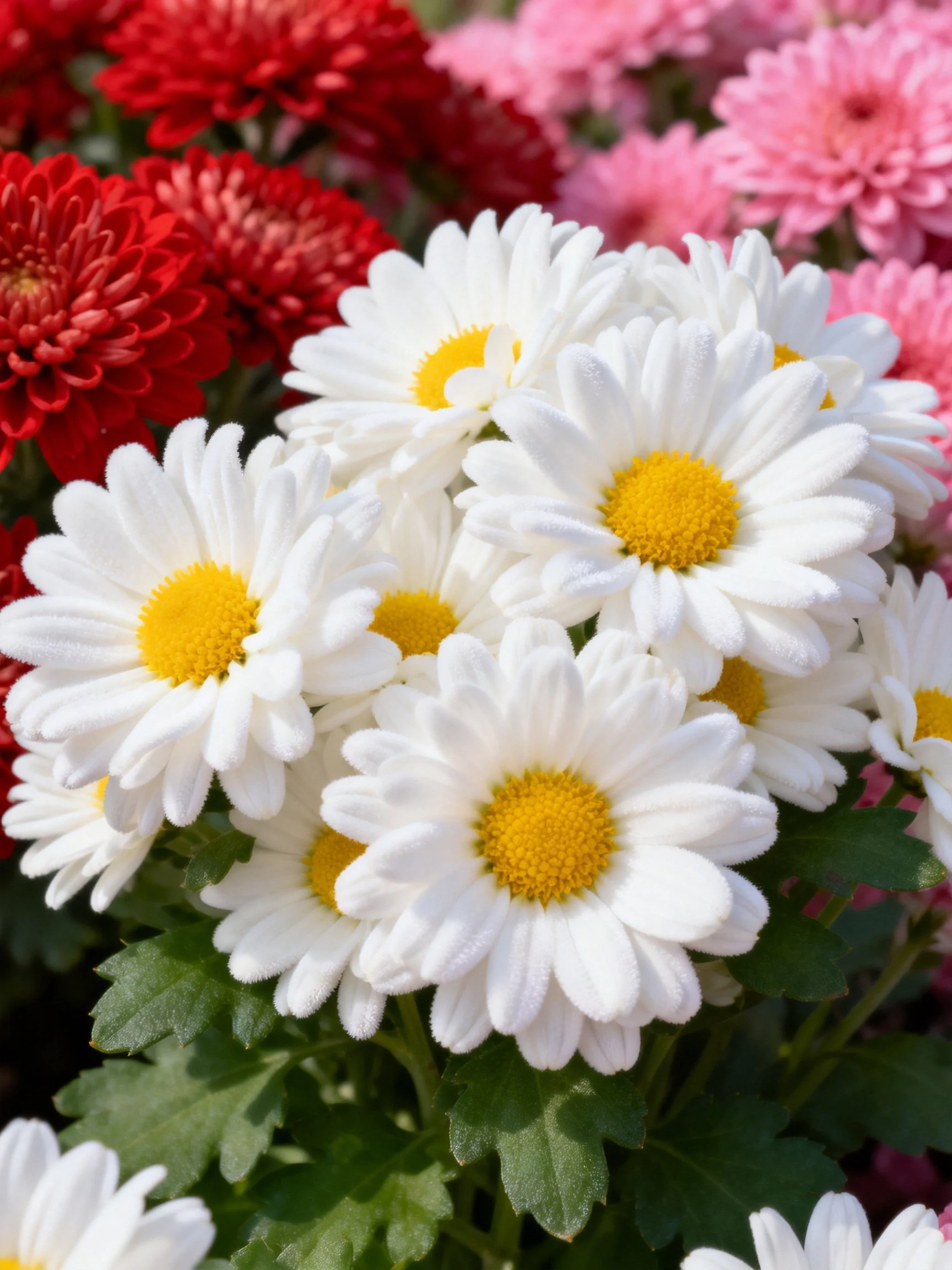 White daisies with yellow centers amid red and pink chrysanthemums