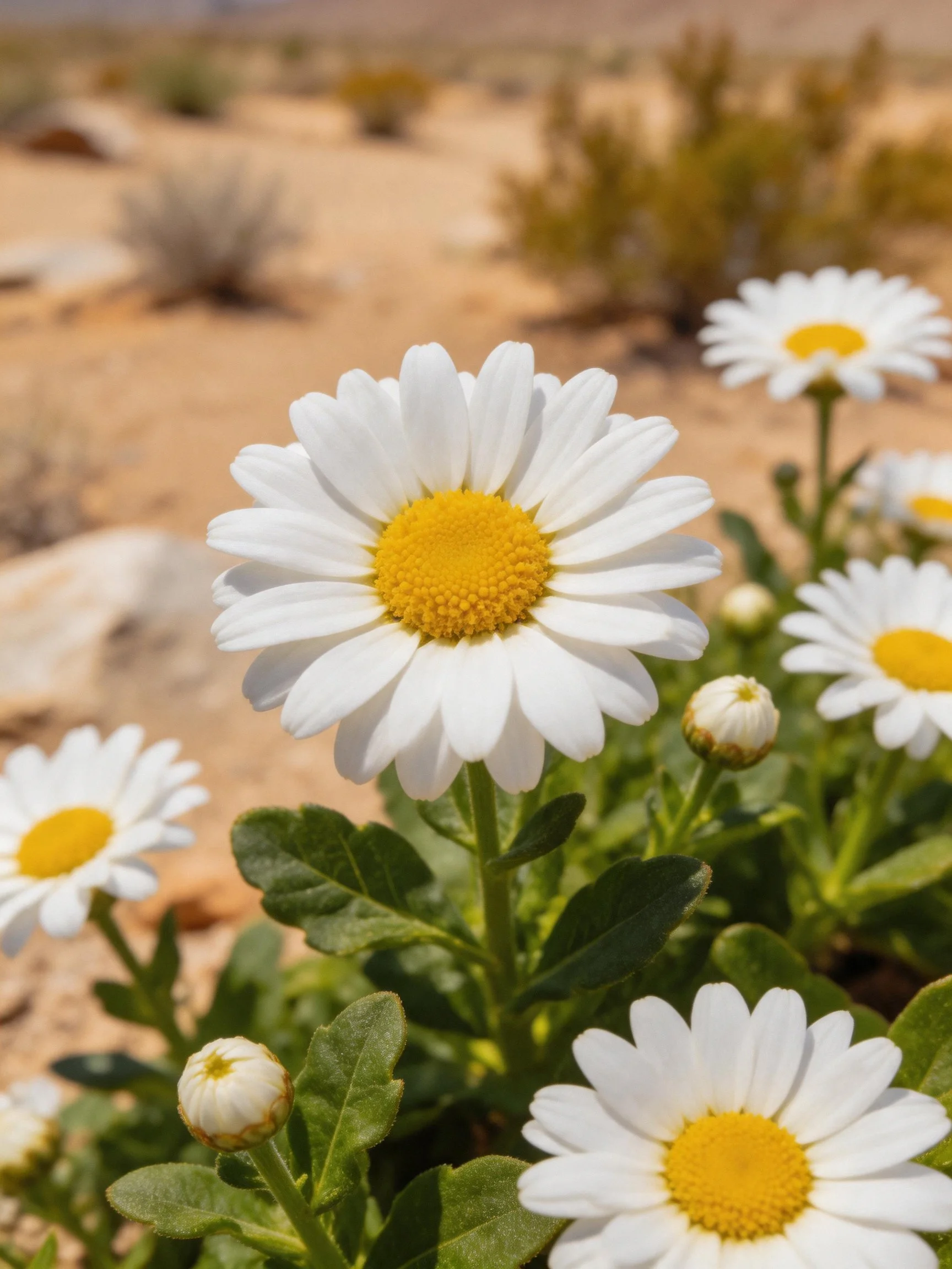 White daisies with yellow centers amid sandy terrain and shrubs