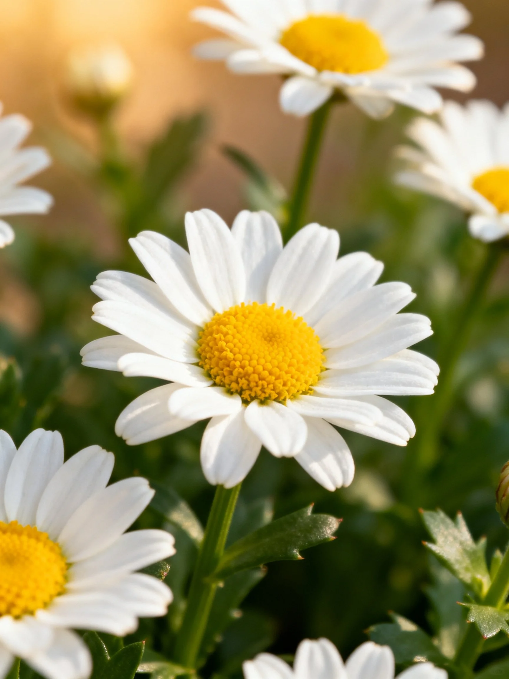 White daisies with yellow centers among green foliage