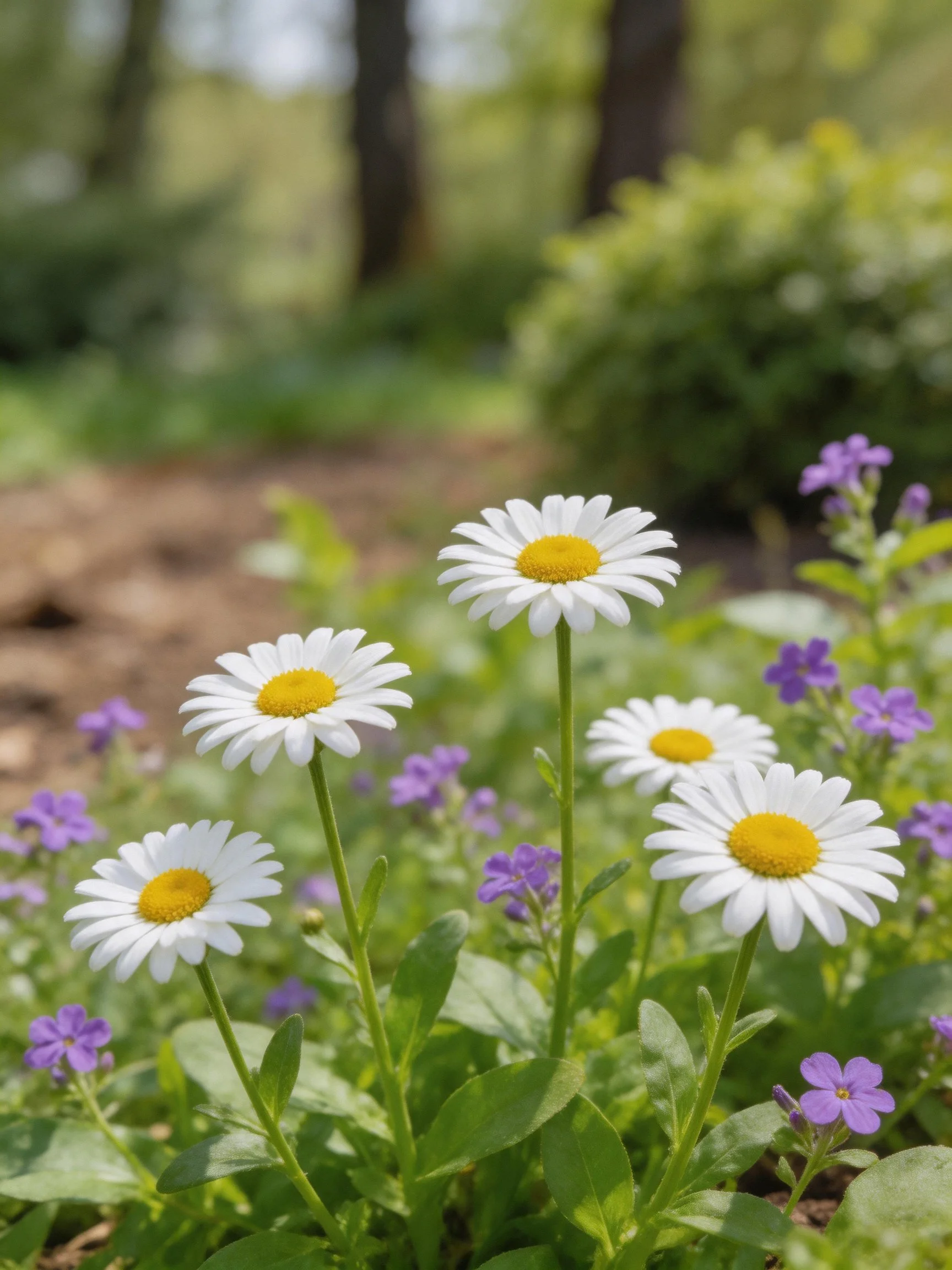 White daisies with yellow centers among purple flowers in a lush green setting