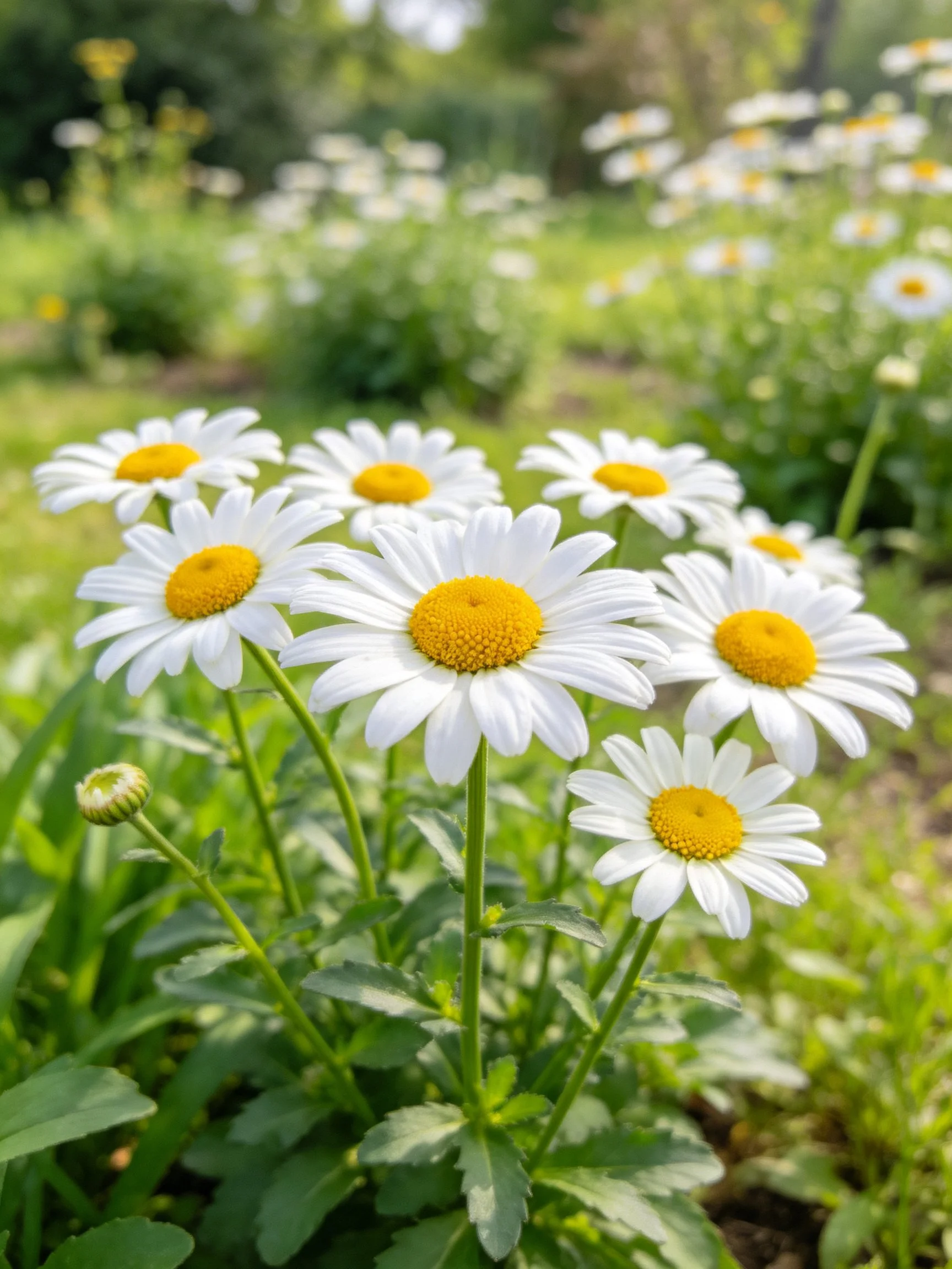 White daisies with yellow centers blooming in a lush green garden