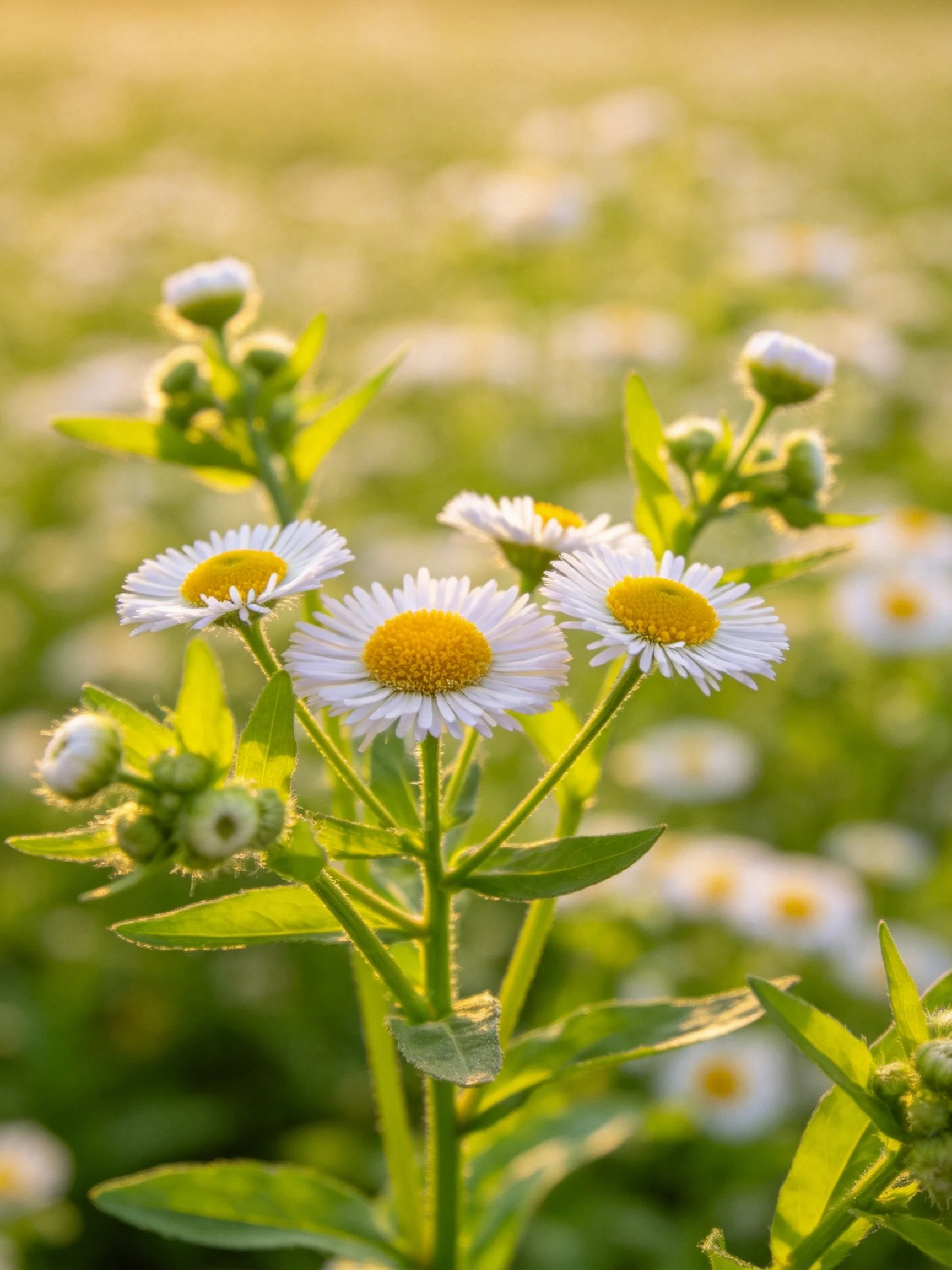 White daisies with yellow centers, green stems, and blurred floral background